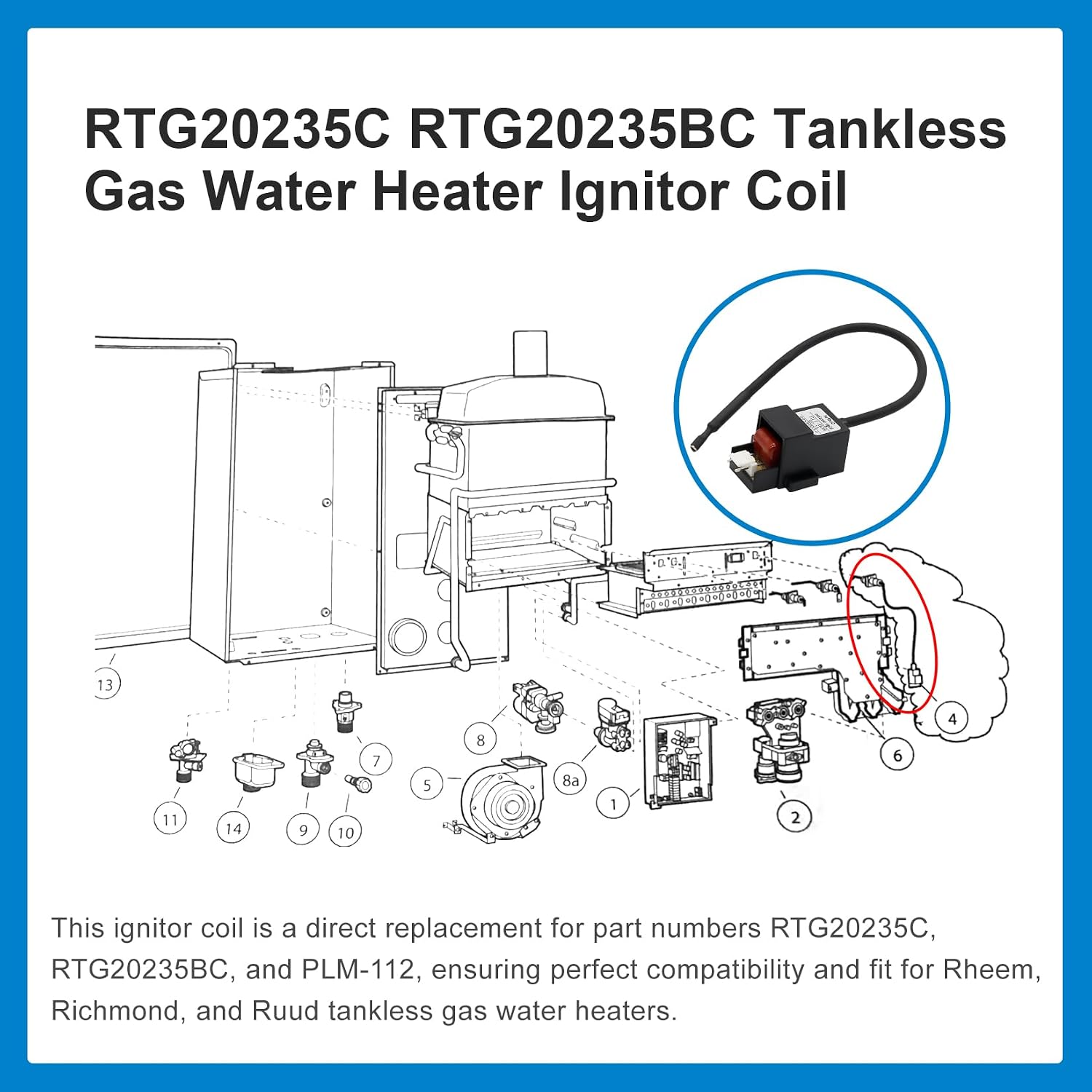 RTG20235C RTG20235BC Tankless Gas Water Heater Ignitor Coil Replacement, 120V Compatible for Rheem Tankless Water Heater Richmond Ignitor Coil Ruud - 2 Pack