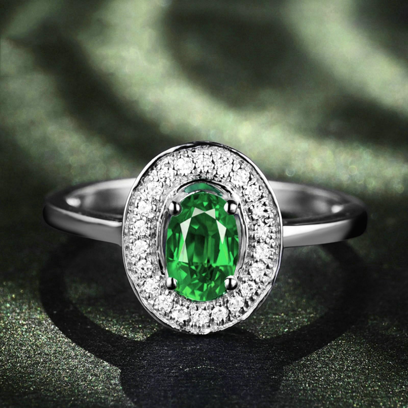 Anillo de compromiso de platino para mujer, talla H 1/2-V 1/2, anillos de boda halo con esmeralda ovalada de 1 ct y moissanita