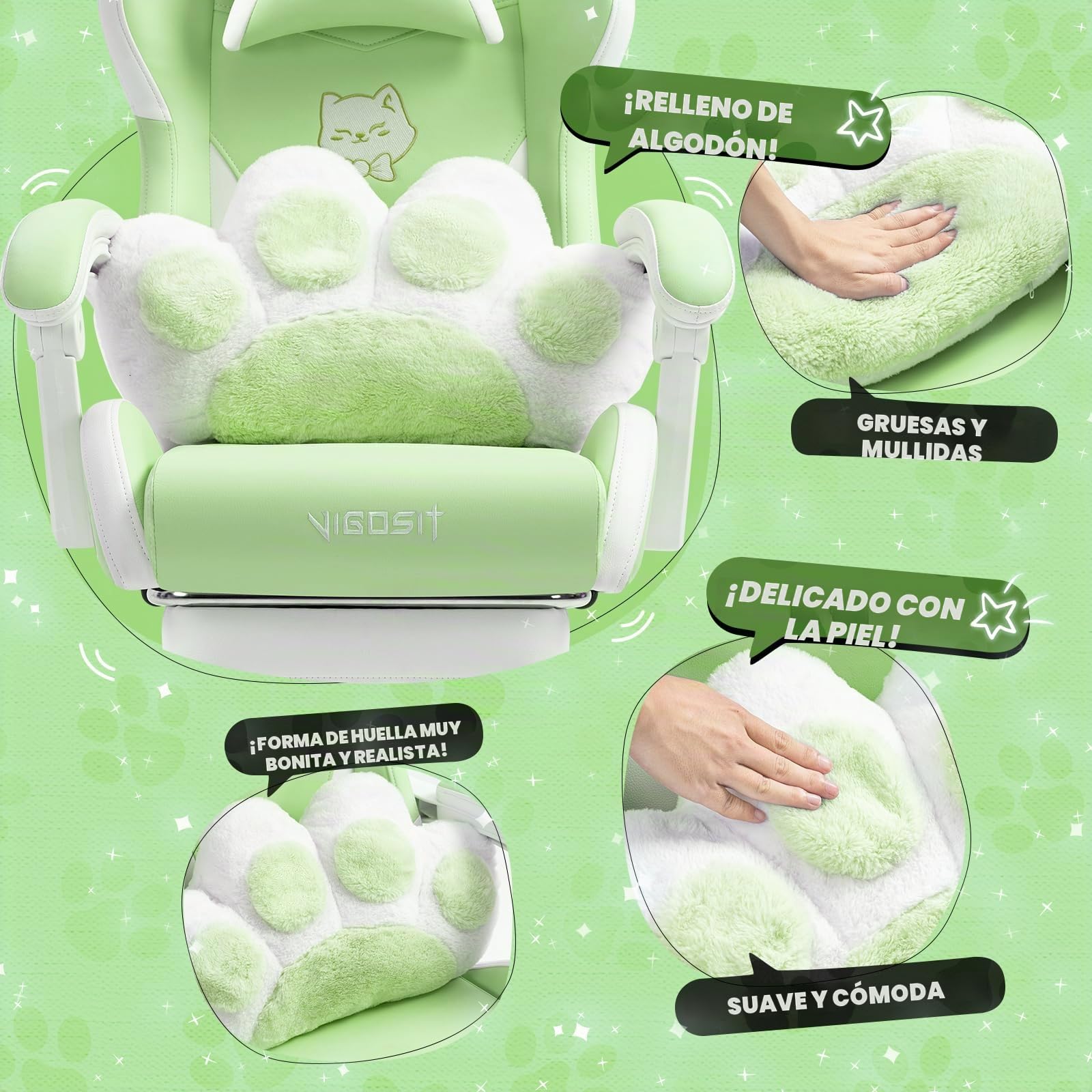 Vigosit Silla de juegos linda con cojín lumbar de pata de gato y orejas de gato, silla de juegos ergonómica con reposapiés, sillón de PC ajustable para niñas, adolescentes, niños, verde
