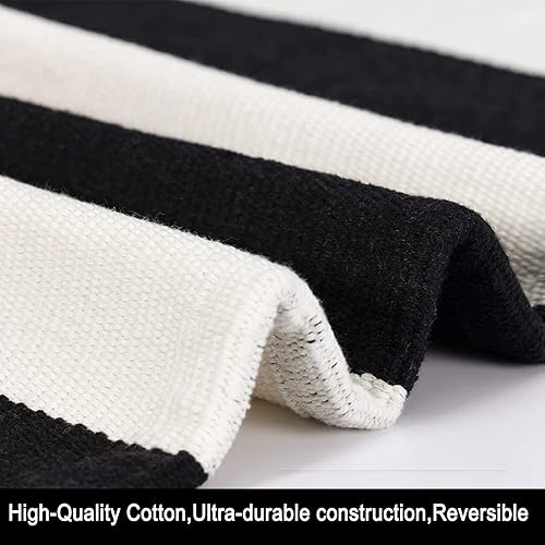 Miniatura 8 de Alfombra de área en blanco y negro de 35.4 x 59 pulgadas, alfombra de puerta delantera a rayas para exteriores, alfombra de porche frontal para