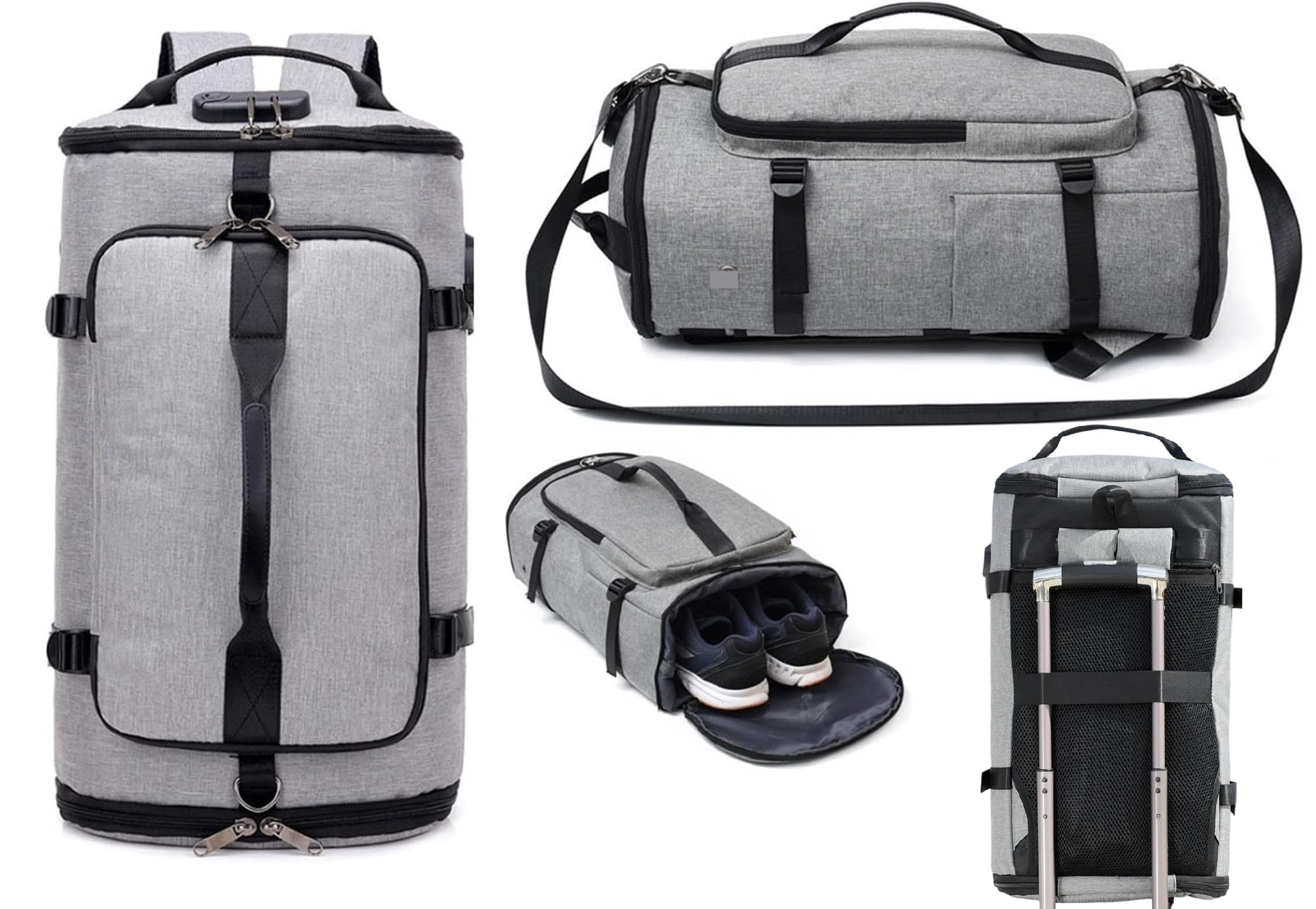 handcuffs Duffel Bags Rucksack Backpacks Luggage Bag with Shoes Compartment | Women Backpack | Carry On Luggage | Travel Bag (Grey)-picture-45