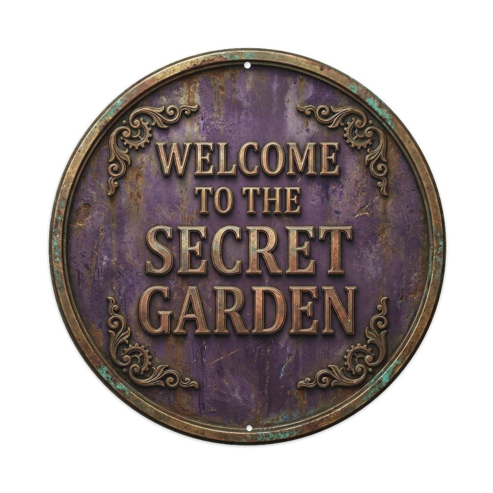 Vintage Welcome Secret Garden Gold Eggplant Diamond Metal Tin Sign