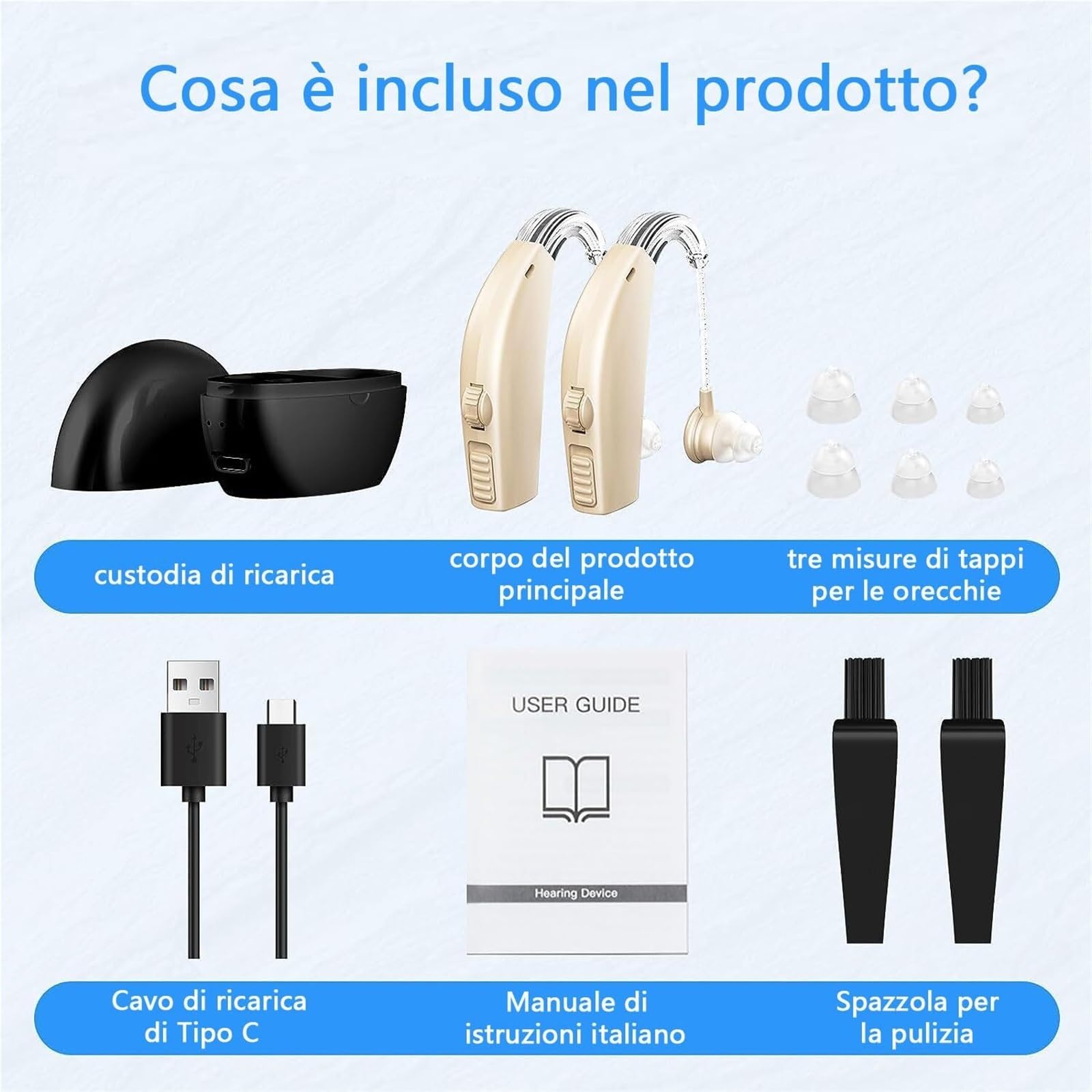 Adatto ad anziani/ricaricabile,con custodia di ricarica portatile/leggero e confortevole/riduzione naturale del rumore