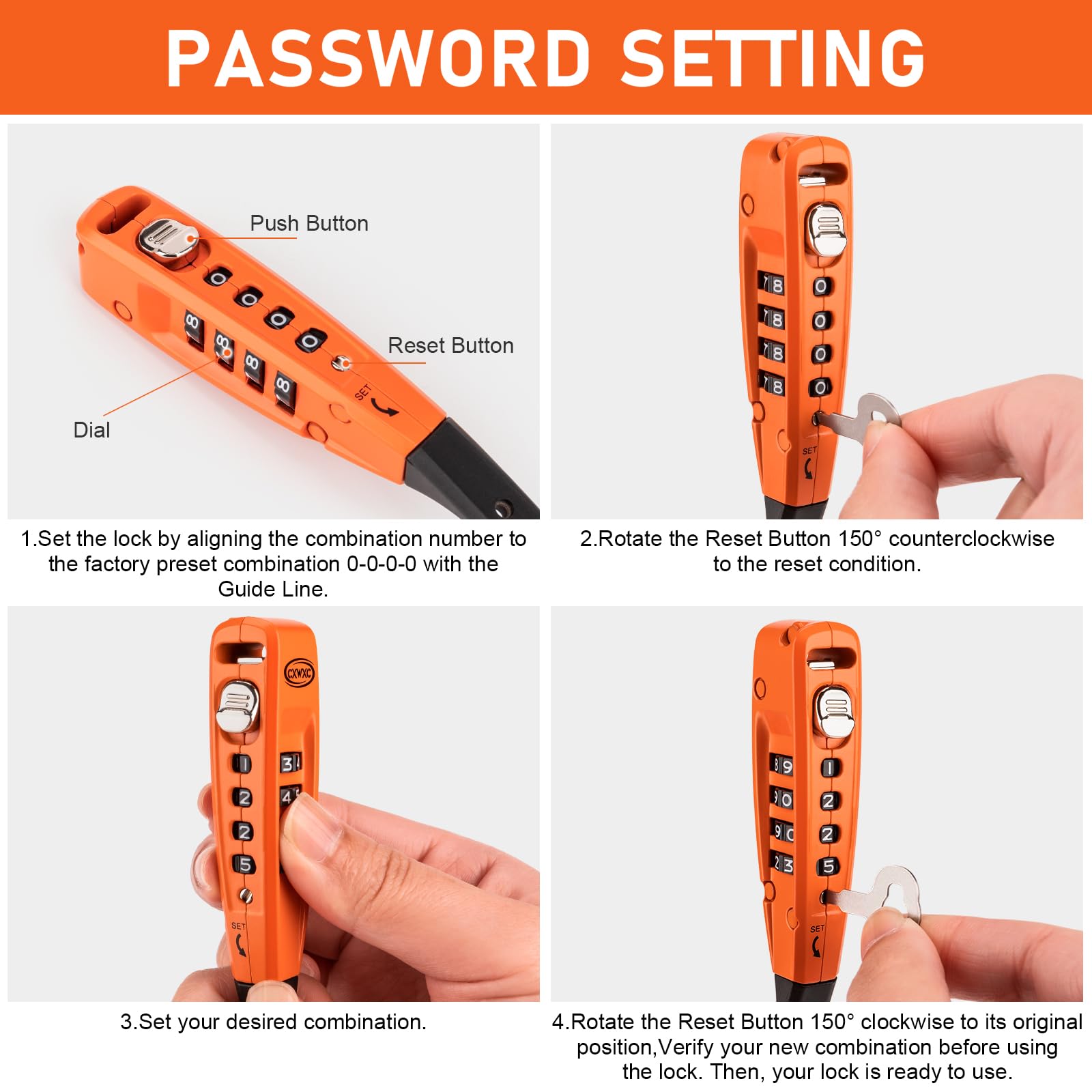 CXWXC Lot de 2 verrous à fermeture éclair – Câble antivol à 4 chiffres pour casque de moto, skateboard, skis, snowboard, poussette et armoire – Idéal pour une sécurité légère (orange, 45 cm)