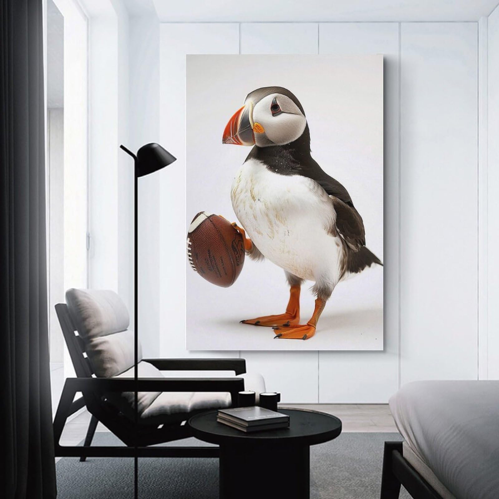 Junmoney Puffin Holding Football Wall Picture Print 12x18inch(30x45cm), for Calm Bedrooms, Home Corners Or Flats, Home Artwork with A Soft Interior Feel