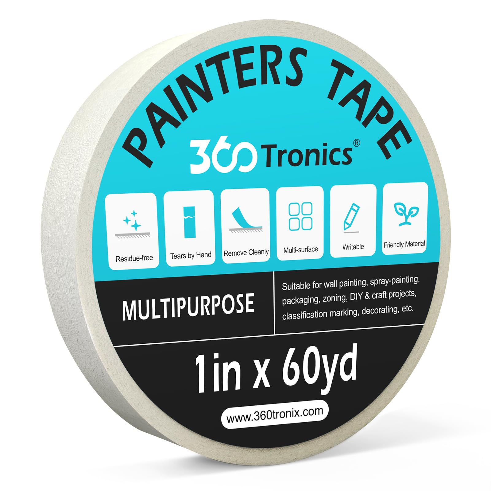 360Tronics White Painters Tape 1 Inch, Multi-Surface No Residue Tearable Self-Adhesive Masking Tape for Labeling, DIY Arts & Crafts Painting, Protects