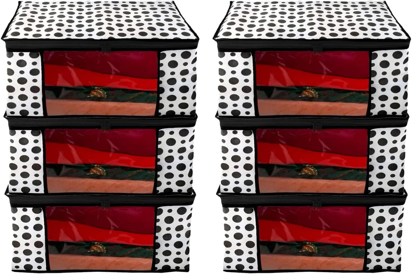 Perpetual Saree Organizer For Wardrobe - Foldable Saree Covers With Zip, Multipurpose Storage Bag For Suit, Lehanga, Dress Packing With Transparent Window Pack of 6 Pcs. (Polkadot)