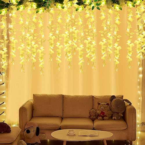 Guirnalda de flores artificiales de glicina, 2 unidades, 6 pies, color blanco, flores colgantes de seda con cuerdas LED para el hogar, jardín,