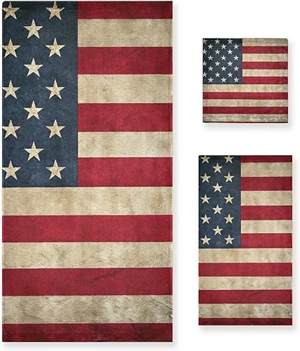 Qilmy Juego de toallas de 3 piezas con la bandera estadounidense, absorbente y suave, juego de toallas decorativas para baño con toalla de baño,