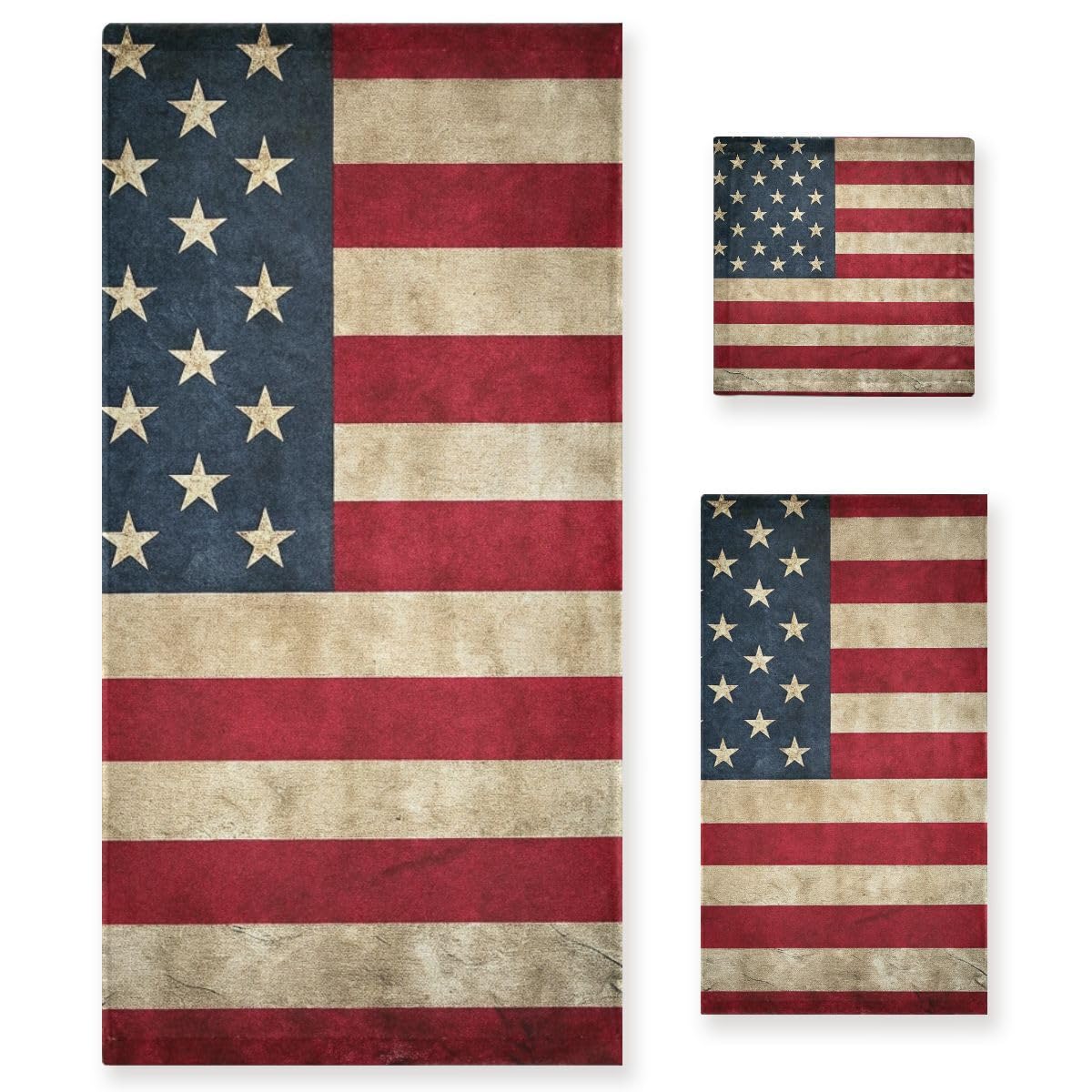 Qilmy 3-Piece American Flag Towel Set, Absorbent Soft Bathroom Decorative Towel Set with Bath Towel, Hand Towel & Washcloth