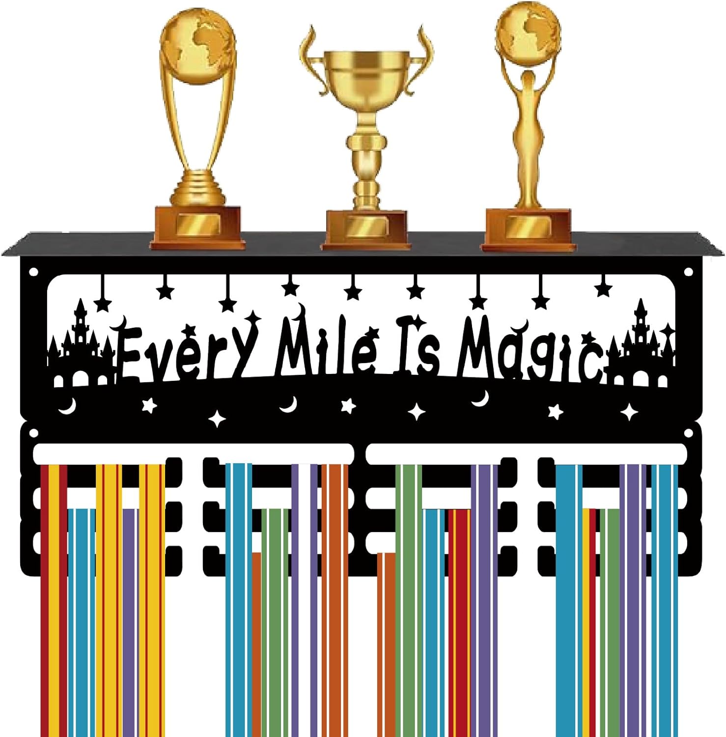 CREATCABIN Badminton Medal Hanger Sports Trophy Shelf with 12 Hooks Metal Medal Hanger Display Medals Rack with Shelf Wall Mount Decor for Hanging 60+ Medals Awards Race Medalists Tennis 15.7x8x4Inch