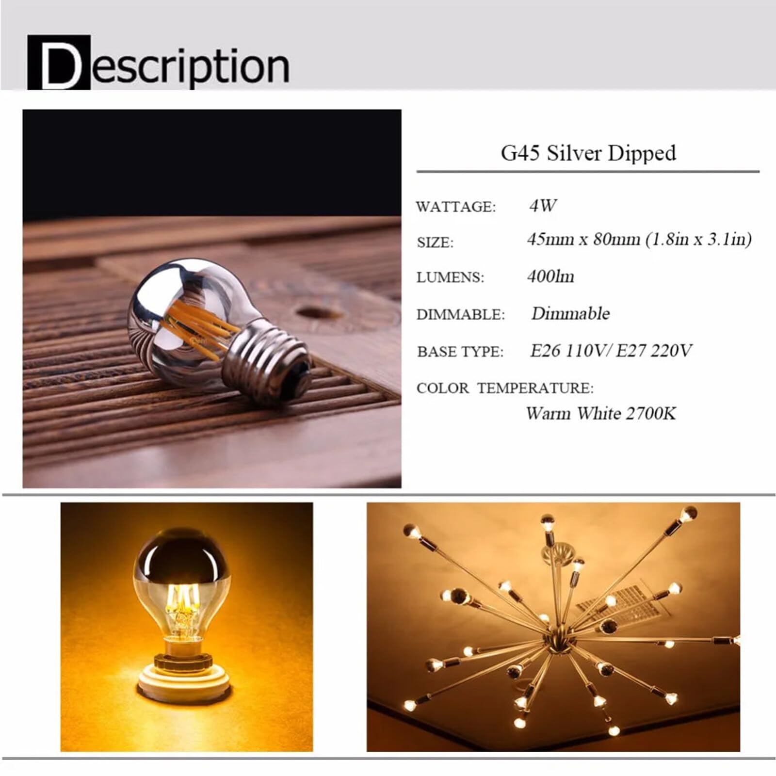 Bombilla LED G45 E14 con forma de globo espejo plateado 4 W retro filamento LED E12 110V E27 blanco cálido 2700 K regulable iluminación decorativa (E27 220V)