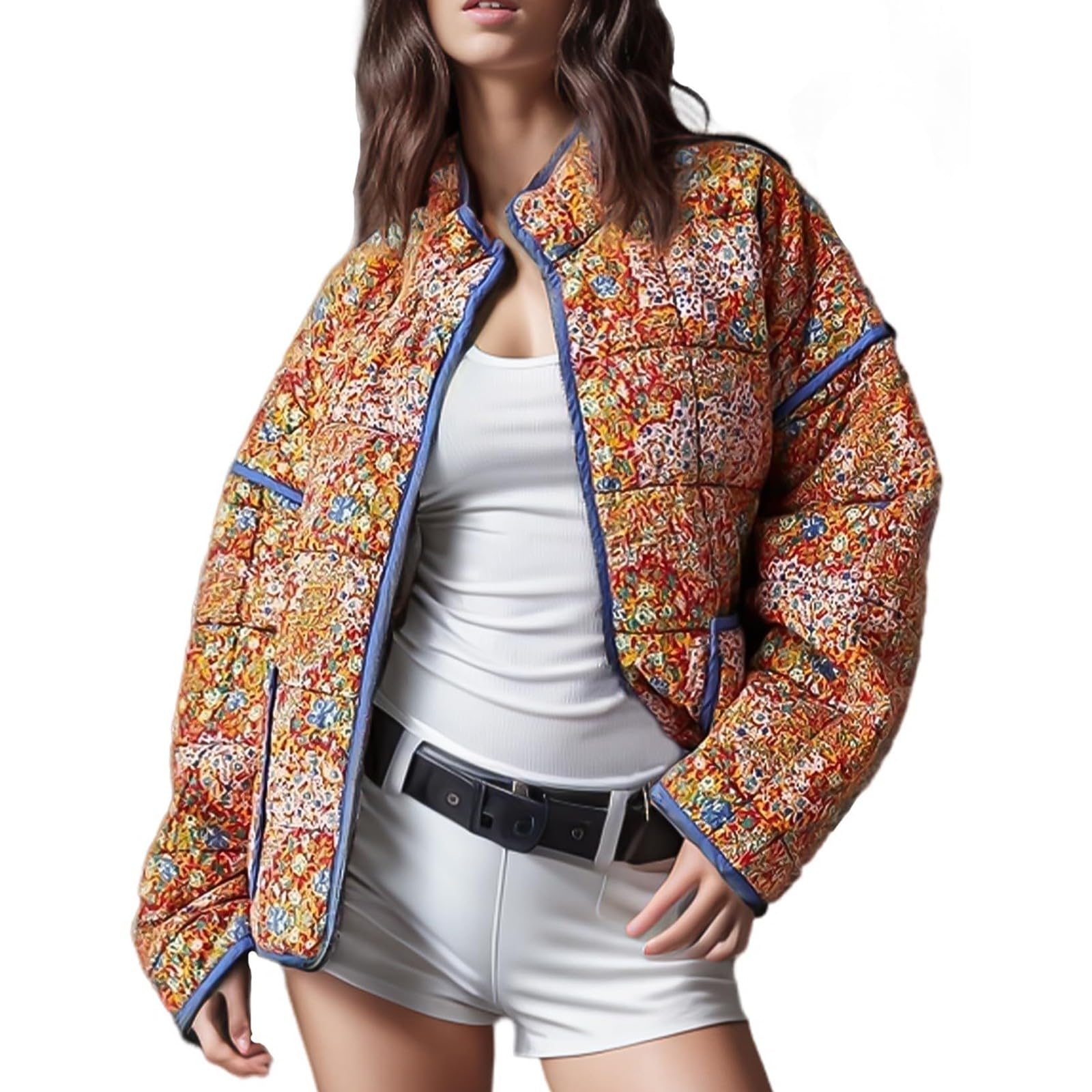 Quilted Jackets for Women,Cropped Jacket Women,Vintage Floral Print Open Front Lightweight Puffe Coat with Pockets