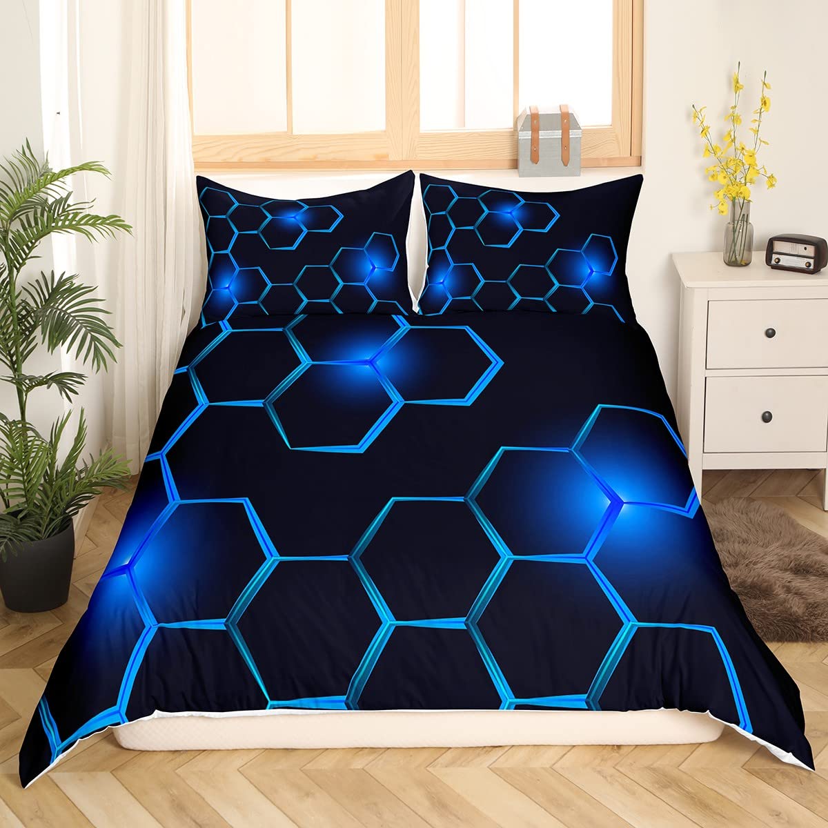 Loussiesd Kids Honeycomb Bedding Set Ice Sports Games Duvet Cover for Boys Children Teens Single Size Blue Bedroom Decor Geometrical Comforter Cover Set Beehive Geometric Bedspread with 1 Pillow Case - Image 3