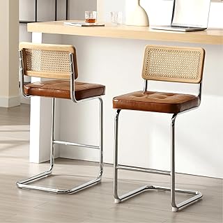 Zesthouse Natural Rattan Bar Stools Set of 2, Modern Counter Height Stools with Solid Wood Back, 26'' Counter Height Chairs, Mid Century Cantilevered Bar Chairs for Kitchen Island, Faux Leather Brown