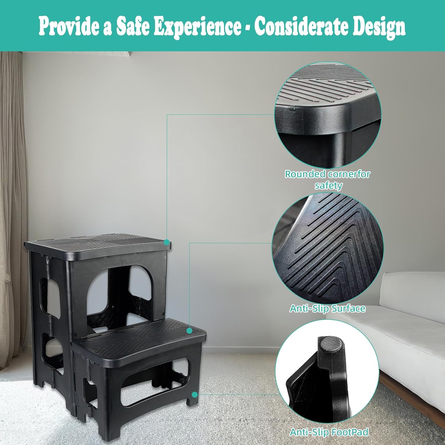 2-Step Folding Stool Ladder,Non-Slip Portable Collapsible Step Stool for Kitchen Bathroom Home RV Closet Office, 16.5" Heights, Holds 300 lbs,Foldable Lightweight Design only 4.6Ibs (Black)