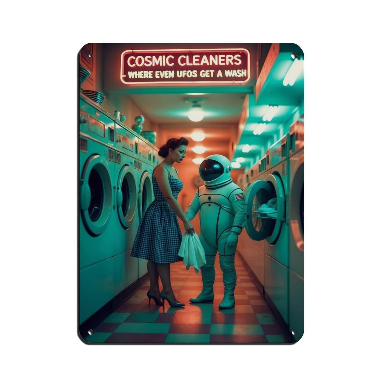 Retro Sci-Fi, Futuristic Laundromat Scene Retro Poster Metal Tin Sign Chic Art Retro Iron Painting Bar People Cave Cafe Family Garage Poster Wall Decoration 12x16inch(30x40cm)