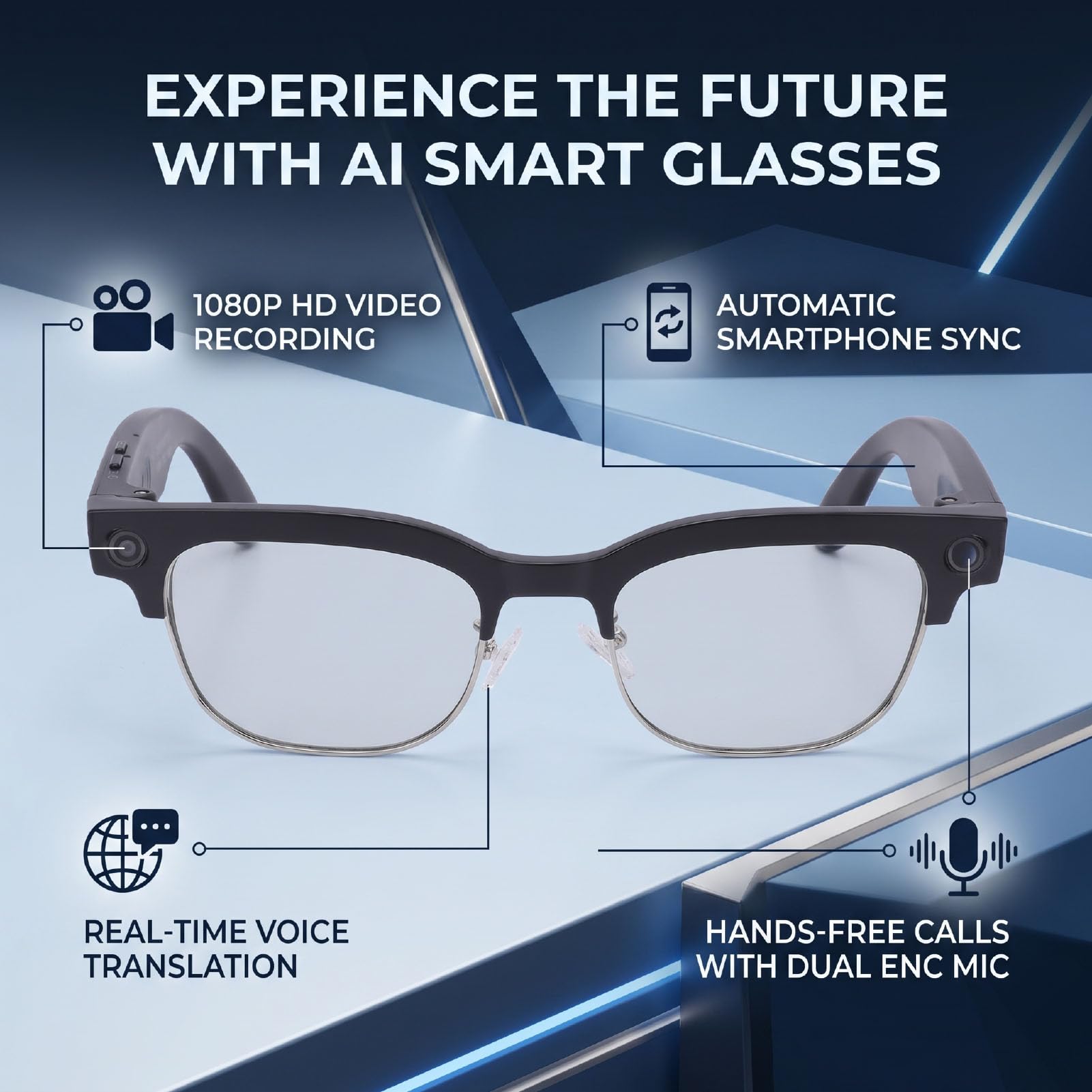 Sxhlseller Lunettes Intelligentes avec Caméra, Lunettes Audio Bluetooth avec Traduction IA, Caméra 8 MP Vidéo HD 1080P Contrôle Vocal, for Voyage Travail Communication Multilingue