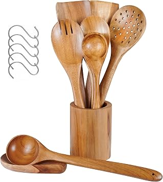 Wooden Spatula Spoons for Cooking, Utensil Set with Holder, Spoon Rest & Hooks, Teak Wood Nonstick Kitchen Cookware 8-piece set of wooden utensils with 6 metal hooks
