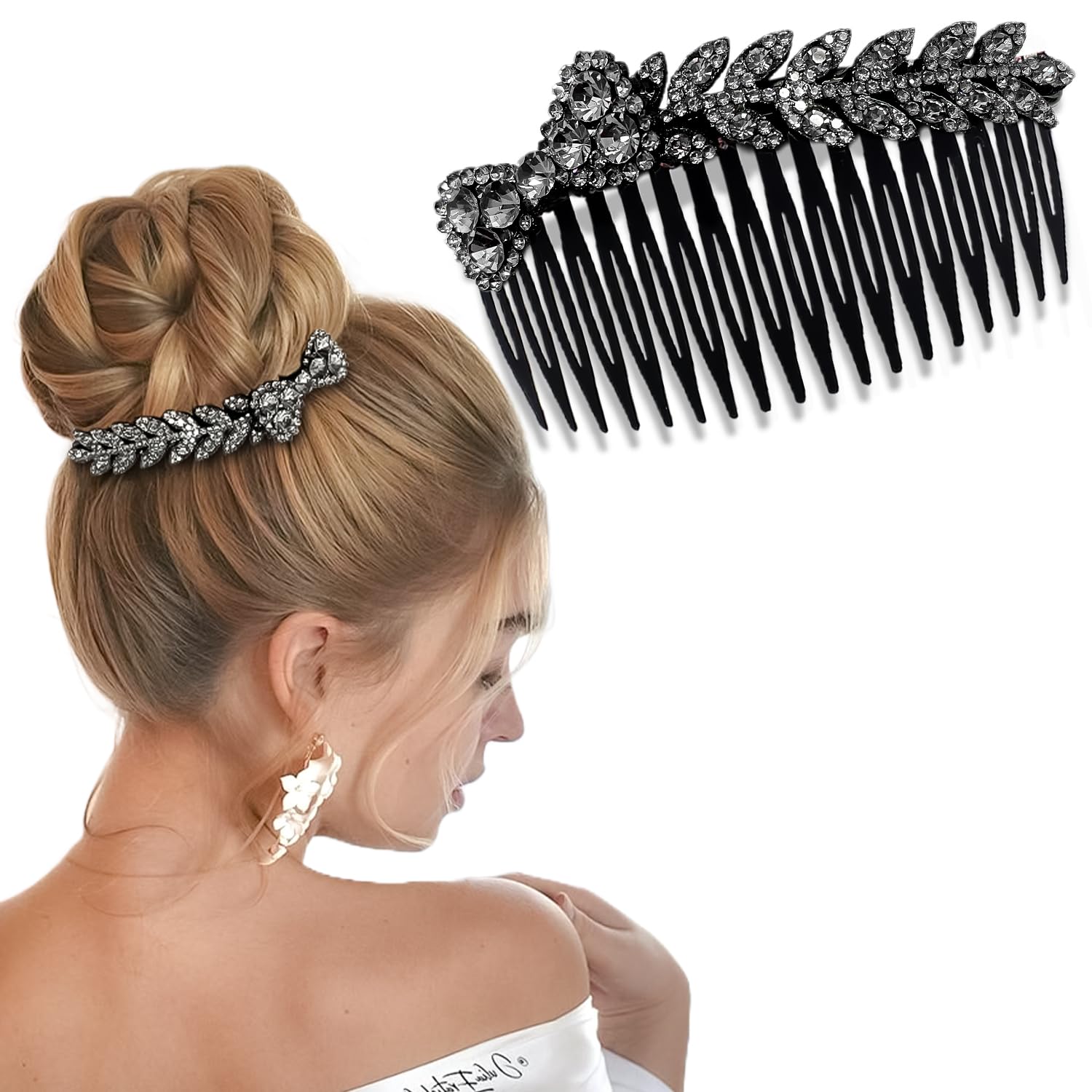 Lykaa Beautiful Crystal Leaf Juda Hair Comb For Women And Girls | Designer Rhinestone Hair Accessories For Bun, Party & Bridal Hairstyles | Decorative Juda Comb For Weddings And Festive Look โ 1 PCS (Black)