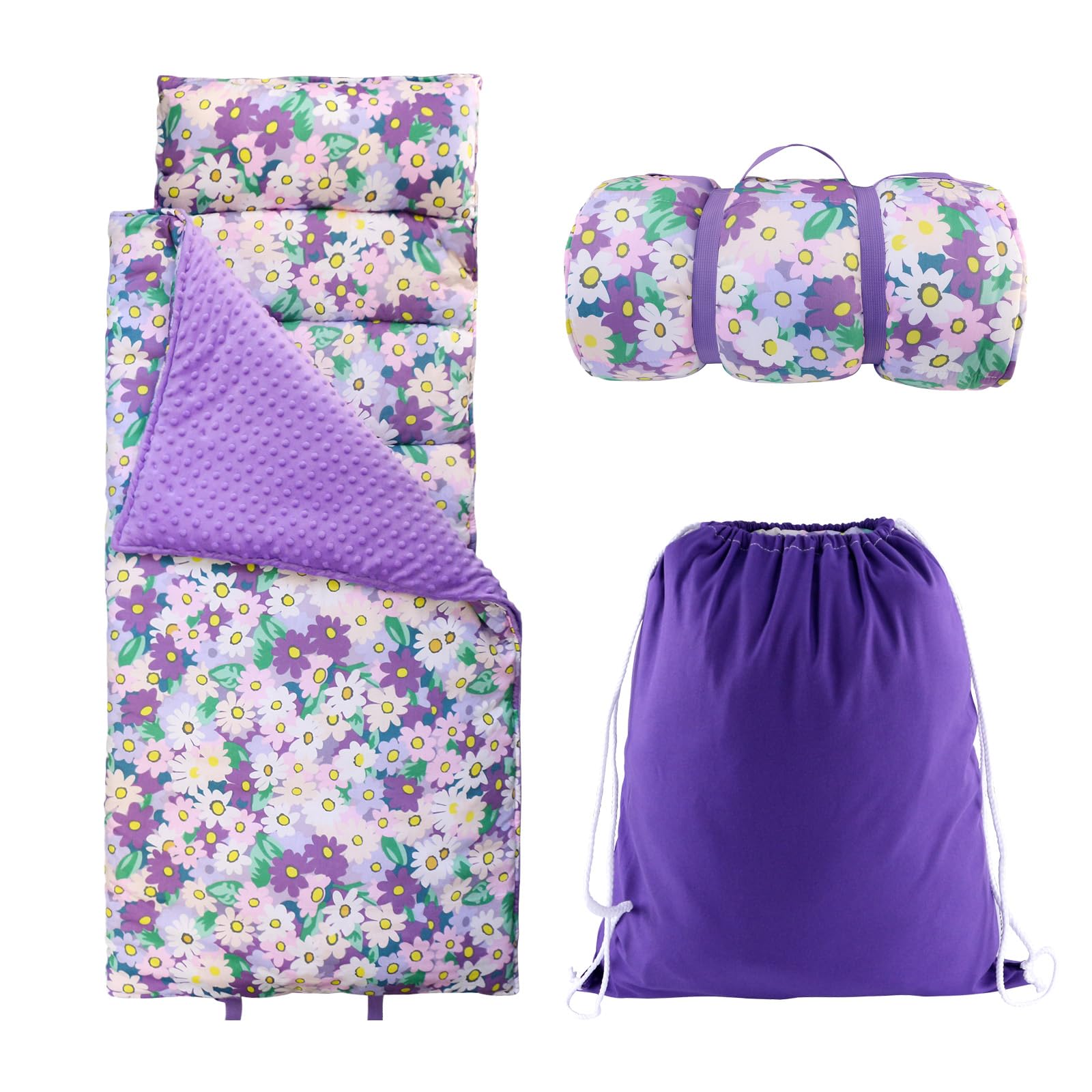 Nap Mat with Removable Pillow and Soft Blanket, Lightweight Sleeping Bag, Travel Slumber (Blooming Flowers)