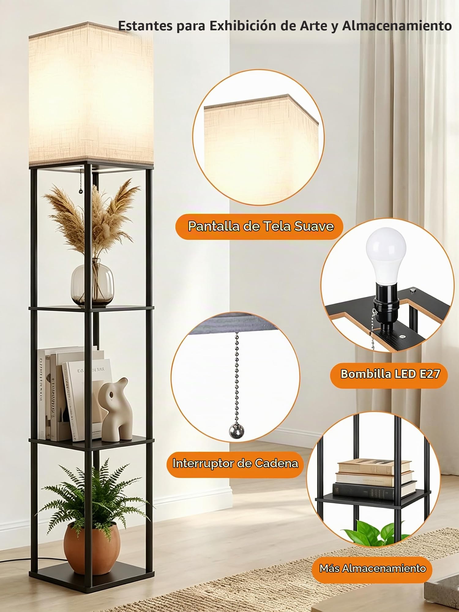 Aimosen Lámpara de Pie Madera, Lámpara de Piso 3000K-5000K con Estante, Lámpara de Lectura con Portalámparas E27, con 3 Niveles, Decoraciones Interiores Adecuado Para el Salón y el Dormitorio