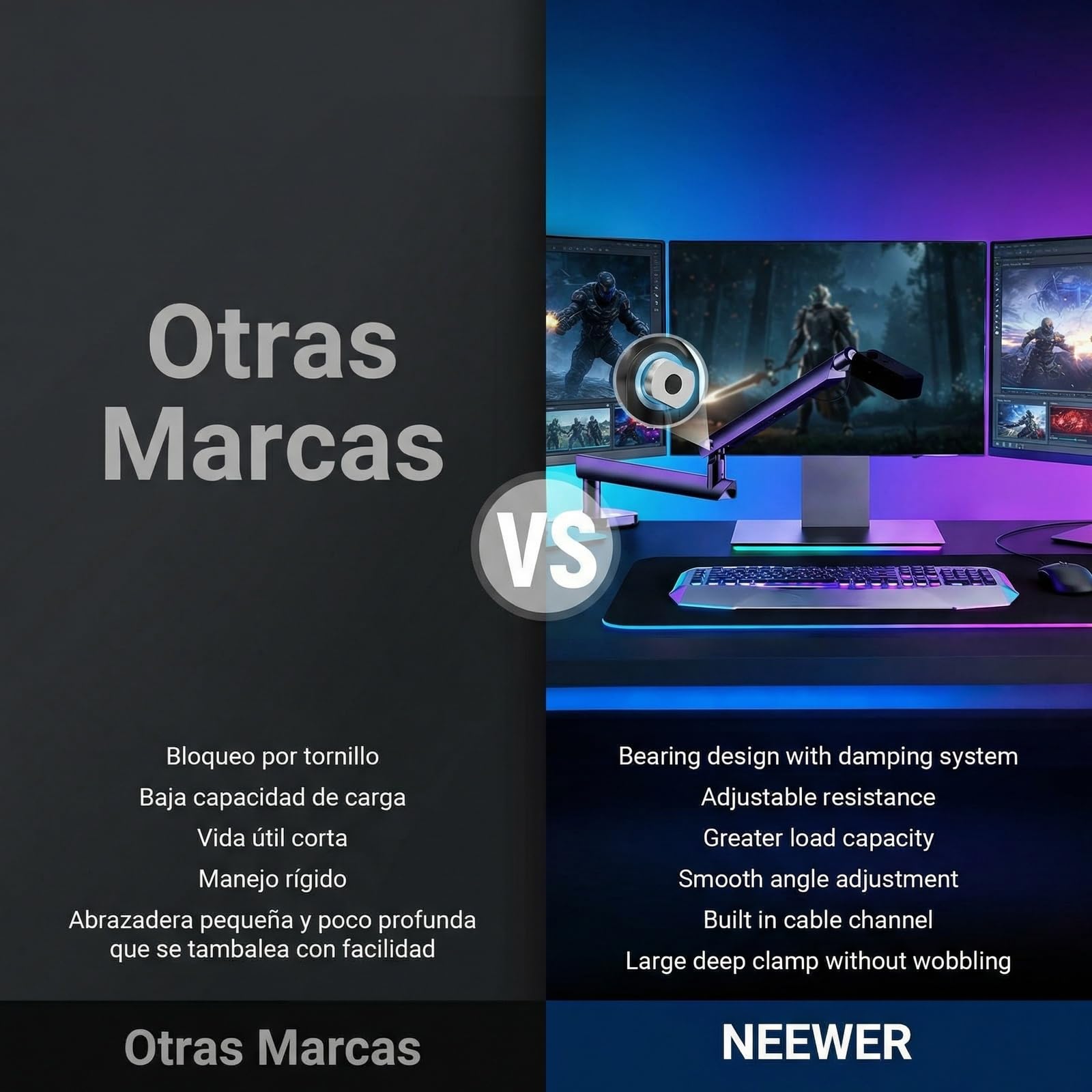 NEEWER Soporte de micrófono, soporte de micrófono amortiguado de perfil bajo, soporte de escritorio con brazo de brazo, cabeza de bola de 360°, canales de cable mejorados, adaptadores de 3/8 pulgadas