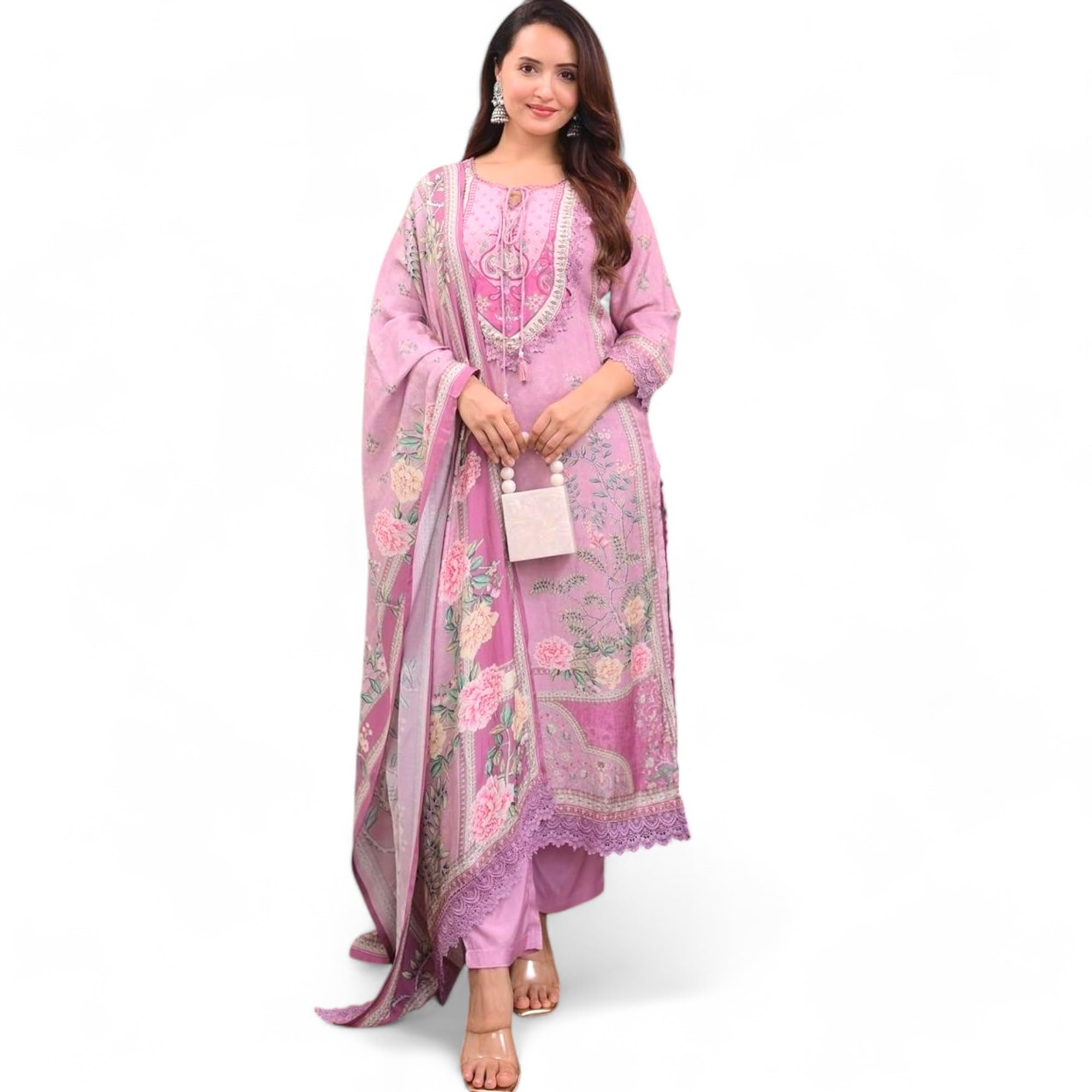 RangMahal Damen-Anzug aus reiner Baumwolle, indischer lila Musselin, Pakistanischer Anzug mit Digitaldruck und Handstickerei, Hose und Dupatta-Set, Lavendel, Medium