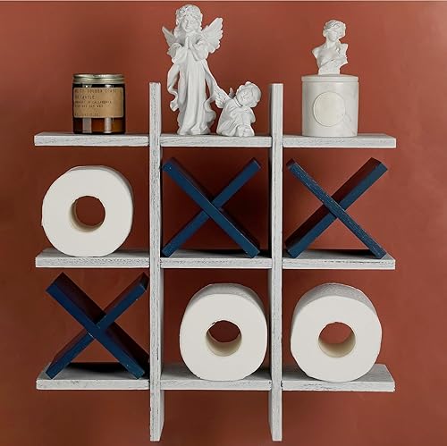Miniatura 4 de Weysat Soporte de papel higiénico de Tic Tac Toe para decoración de pared de baño, almacenamiento colgante de madera rústica, estantes