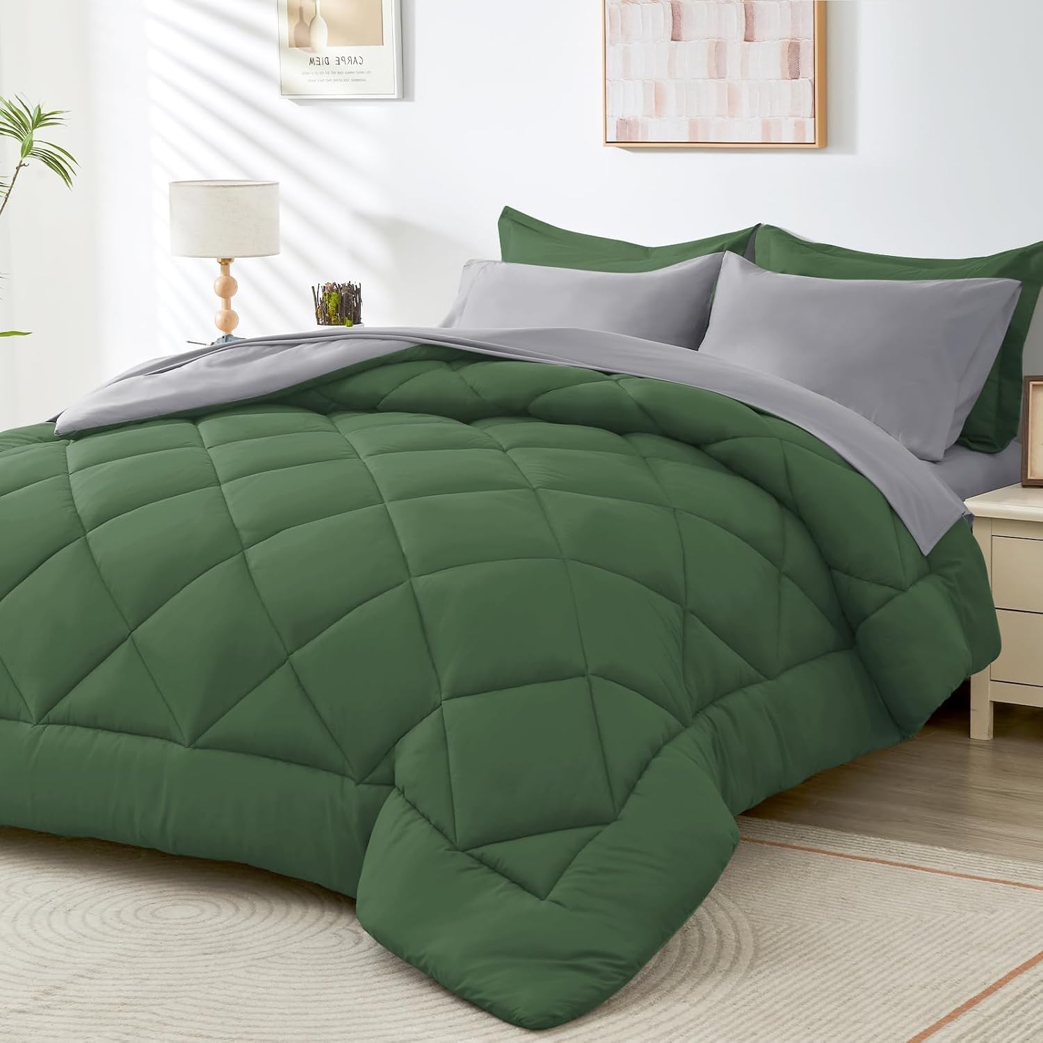 HEVUMYI Twin-XL Comforter Set - 5-Piece All Season Bed in a Bag Twin-XL, Ultra Soft Bedding Set with Comforter, Flat Sheet, Fitted Sheet, Pillowcases, Pillow Shams, Green & Light Grey