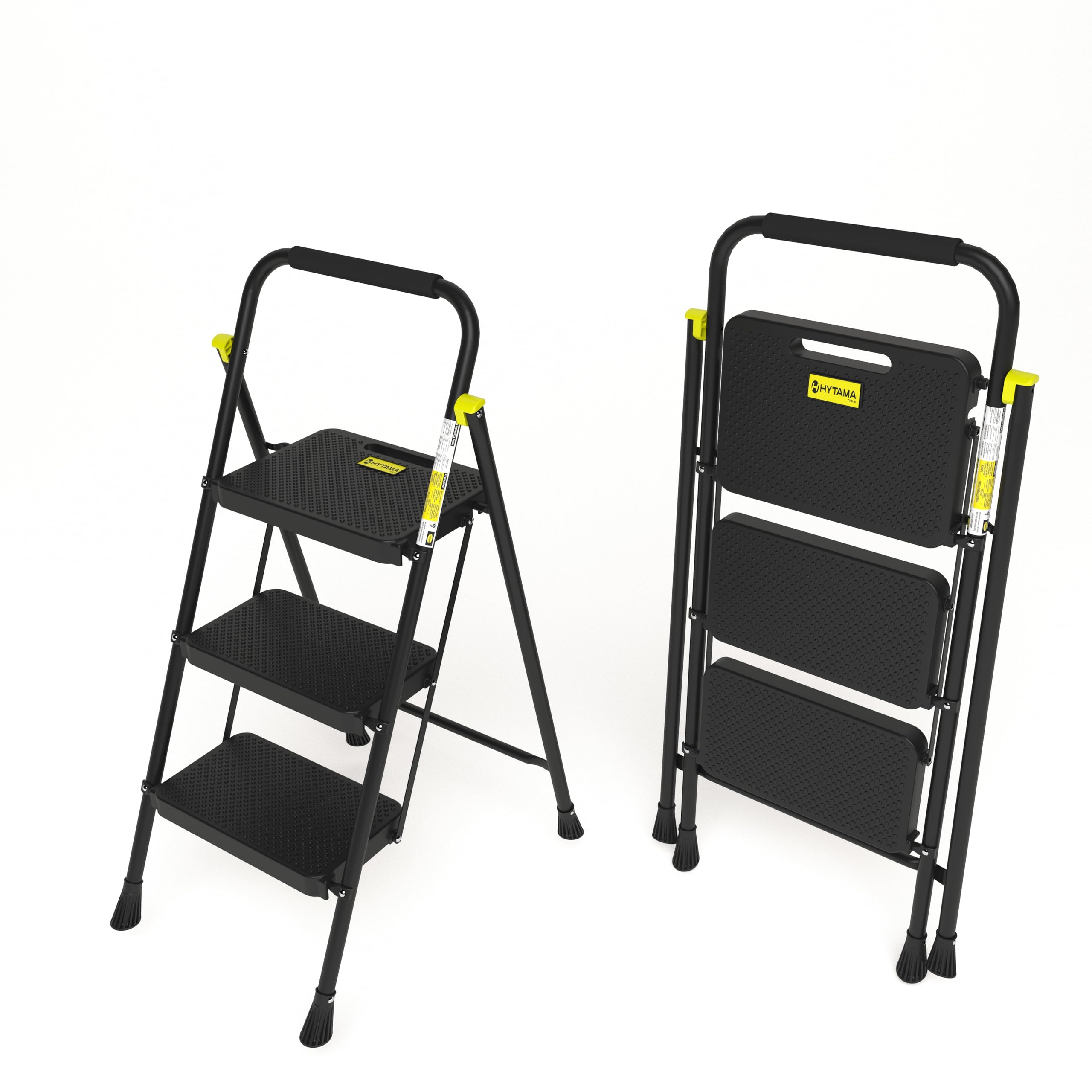 HYTAMA TOOLS Escalera Plegable 3 Peldaños, Estructura de Acero con Pies Antideslizantes, Capacidad de Carga Probada hasta 250kg, Negra