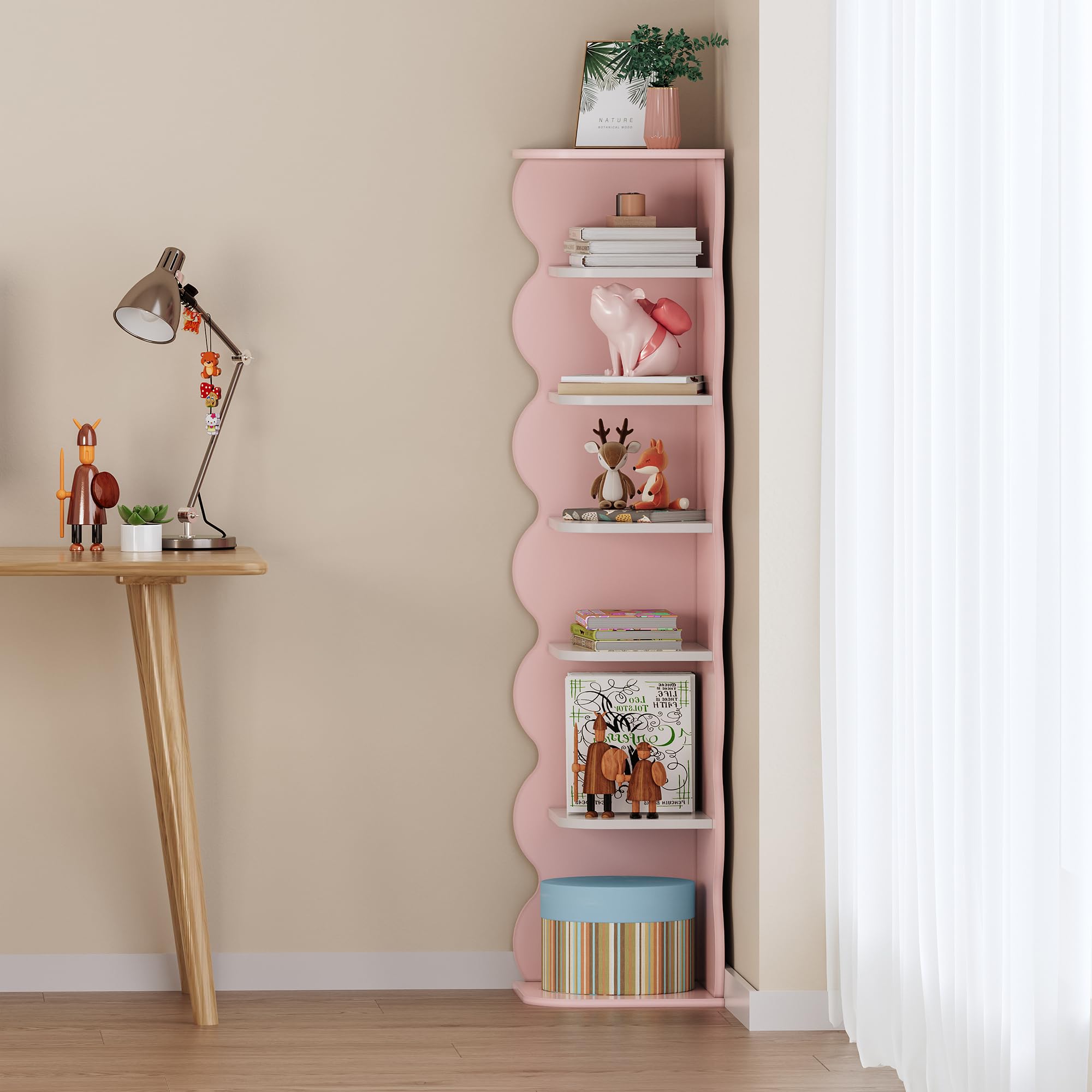 [en.casa] Scaffale Angolare per Cameretta Libreria con 5 Ripiani Scomparti Aperti Portaoggetti per Scarpe Libri Giocattoli a Misure di Bimbi 108 x 27 x 27 cm - Rosa/Bianco