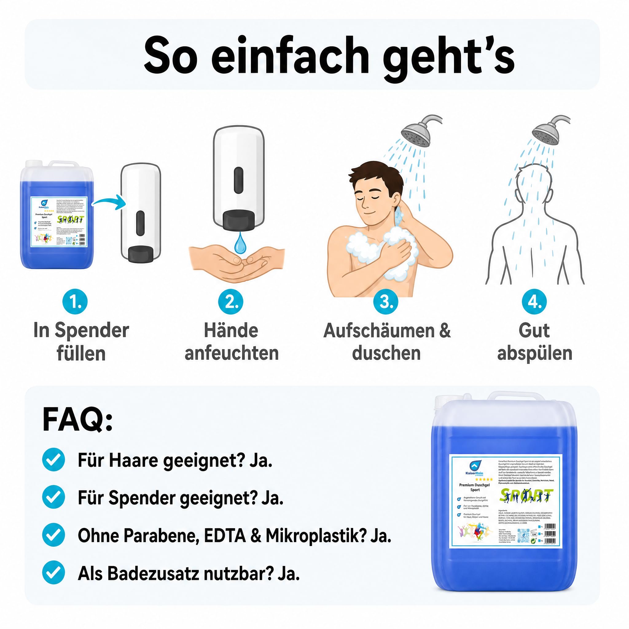 KaiserRein Duschgel Sport, Premium Duschgel für Herren und Damen, 10 L Kanister als Nachfüllpack für Spender, mikroplastikfrei, ohne Parabene und EDTA, für Körper, Haare & als Badezusatz