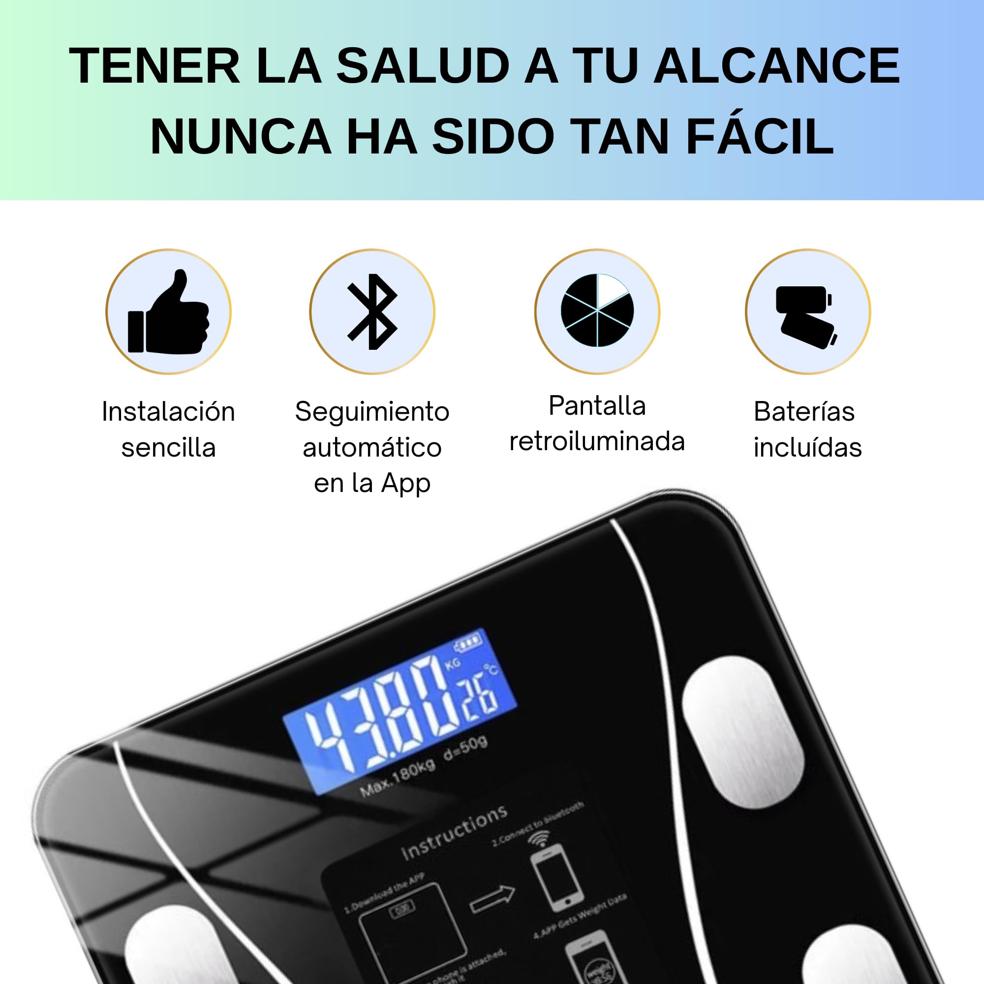Báscula inteligente Bluetooth – Peso y% de grasa corporal – Análisis corporal completo en APP (IMC, músculo, agua, metabolismo) – Precisión profesional – Pantalla LED – Compatible móvil