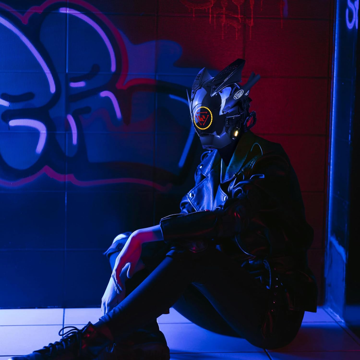 Marikito Punk LED Mask for Adults -Futuristic Helmet with Neon Glow, Adjustable Techwear Half Mask for Sci-Fi Cosplay, Rave Parties, Halloween, & Punk Costumes
