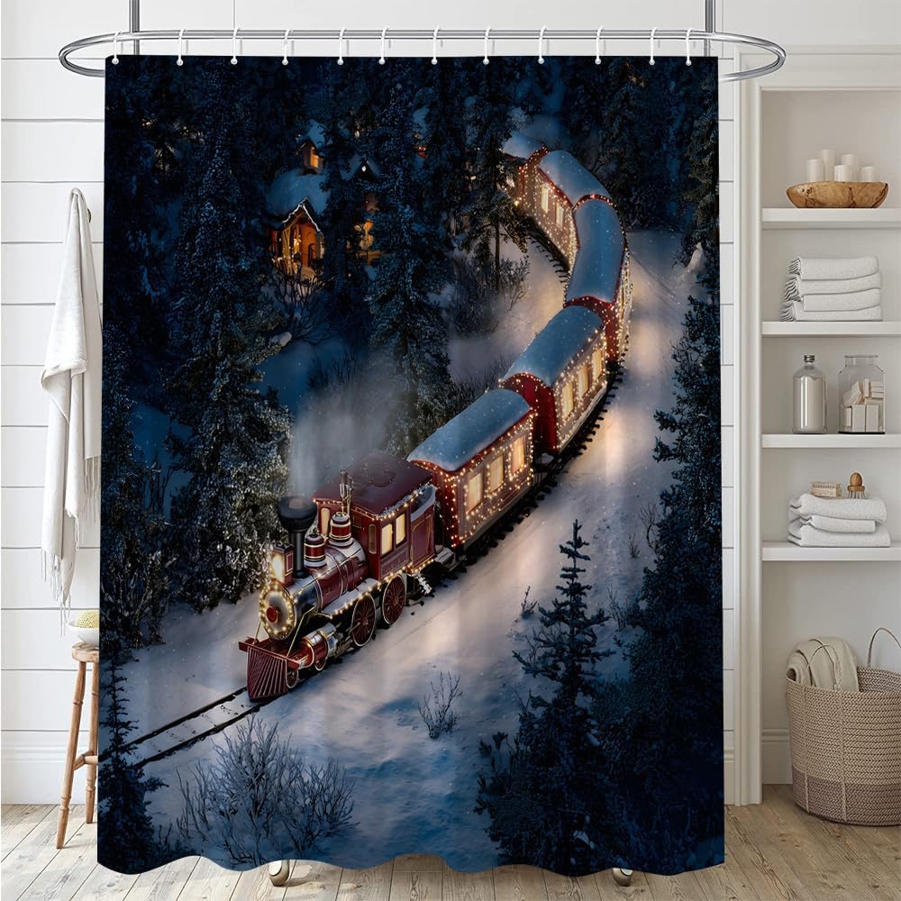 Winter Snow Shower Curtain Train Travels Through Pine Forest at Night Christmas Tree Snowflake Farmhous Cabin Polyester Fabric Bathroom Decor 70×78 Inch with Hook