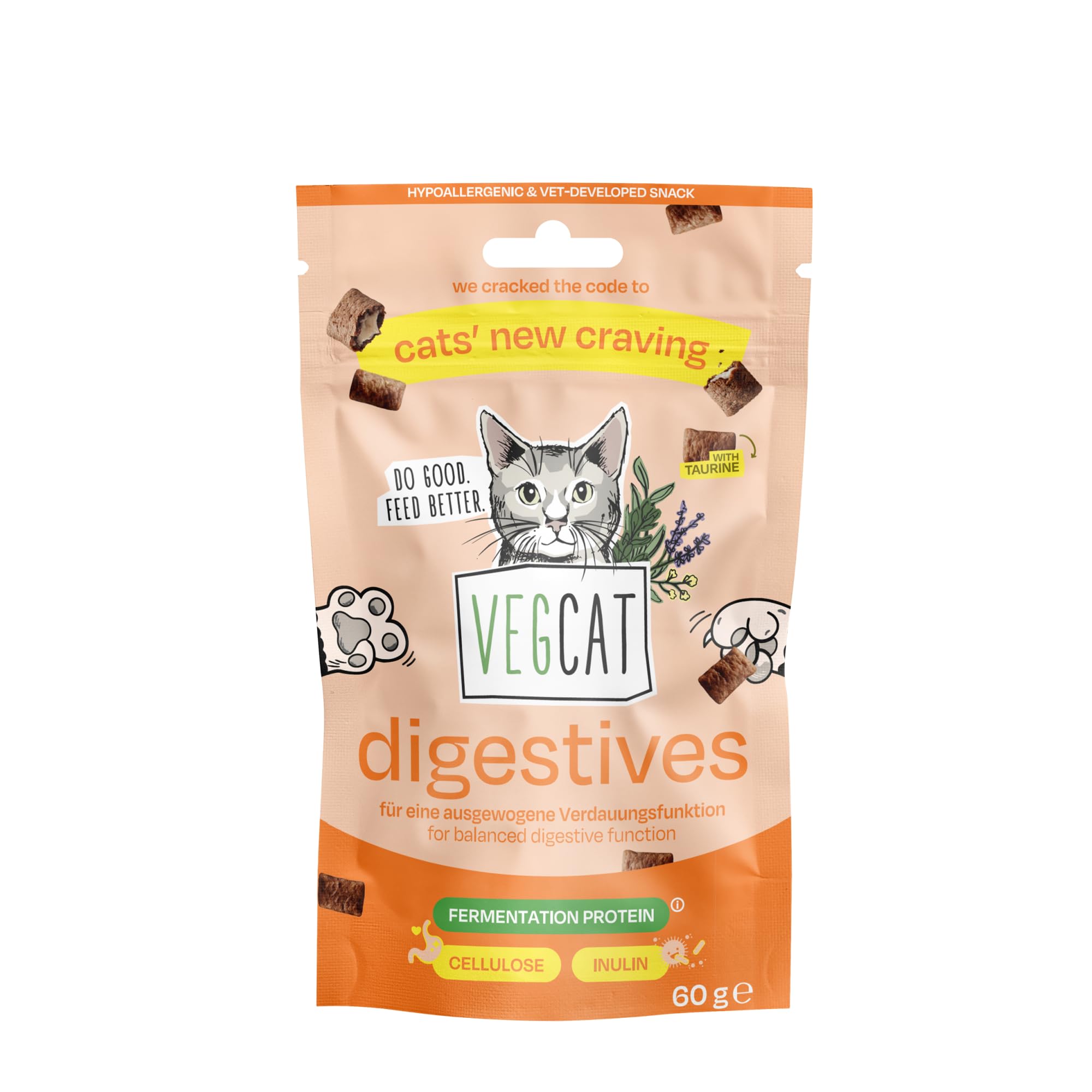 VEGCAT Digestives hipoalergiczna przekąska dla kotów (12 x 60 g) | bez mięsa poduszka chrupiąca do wspomagania żołądka, jelit i układu odpornościowego | z 20% innowacyjnym białkiem fermentacyjnym
