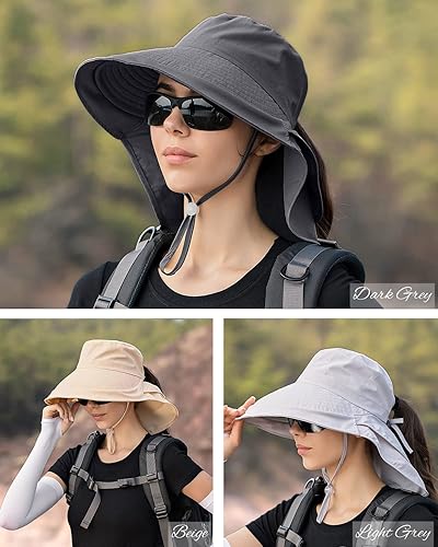 Miniatura 7 de Paquete de 3 sombreros para mujer con solapa para el cuello, ala ancha, protección UV, sombrero de pescador, verano, playa, pesca, senderismo,