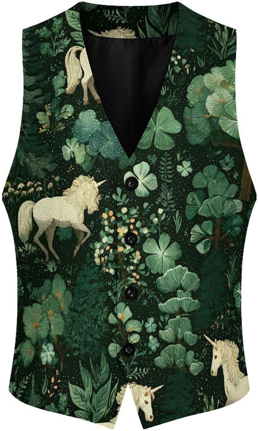 Unicorm Clovers Irish Forests Men Formal Suit Vest V-Neck Button Waistcoat for Business Wedding