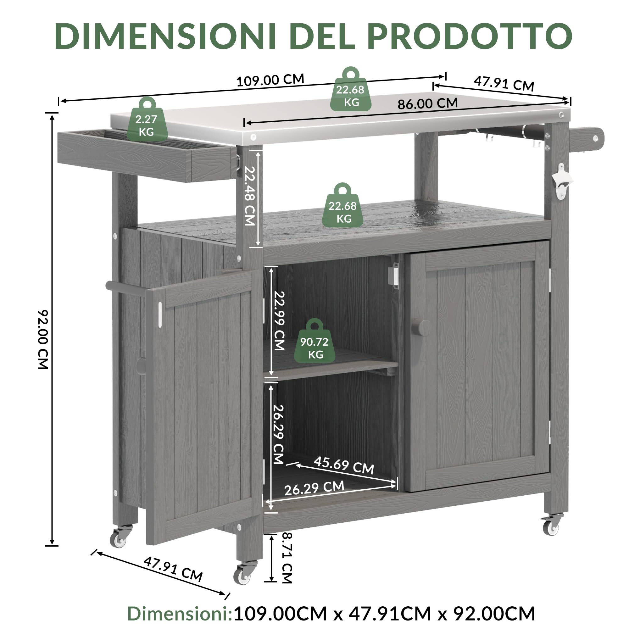 Isola di Cucina Esterna con Ruote Marrone - Carrello Barbecue Mobile Multifunzione, Piano Lavoro e Stoccaggio, Portatile per Giardino Terrazza Campeggio Picnic