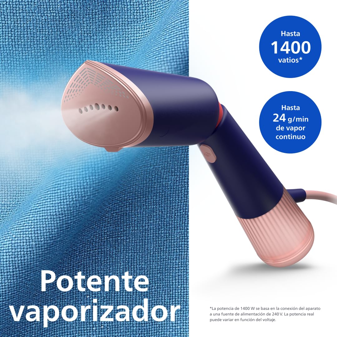 Philips Vaporizador de mano Serie 5000 - Potente 1400 W, Vapor continuo, Dos depósitos de agua, Calentamiento rápido en 35 s, Ajustes Eco y Max, Suela de metal, Azul marino (STH5030/20)