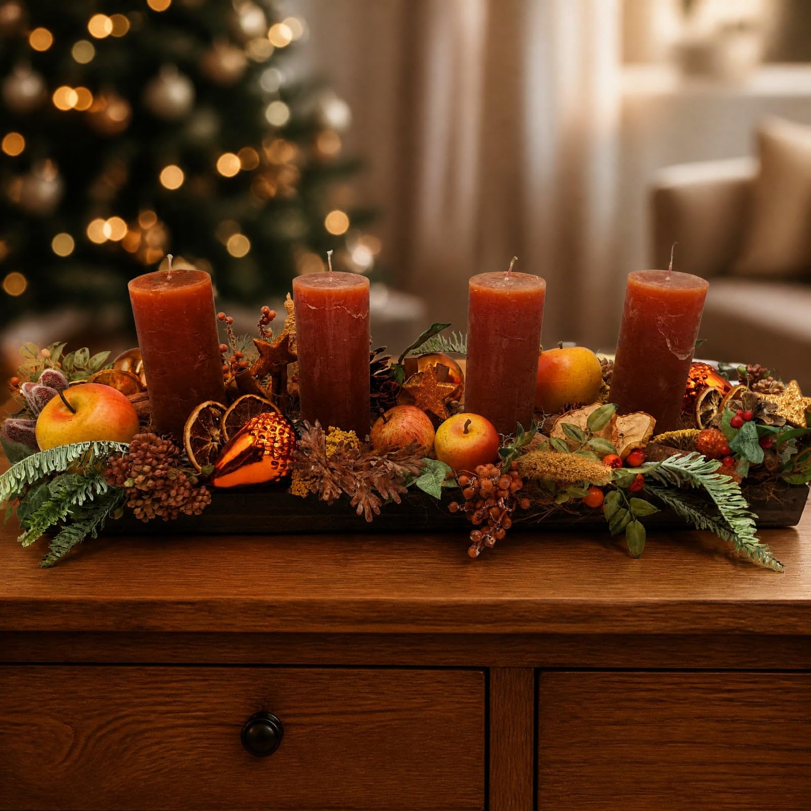 Weihnachtsgesteck Tischgesteck Apfel Orangenscheibe Zapfen Kerzen orange