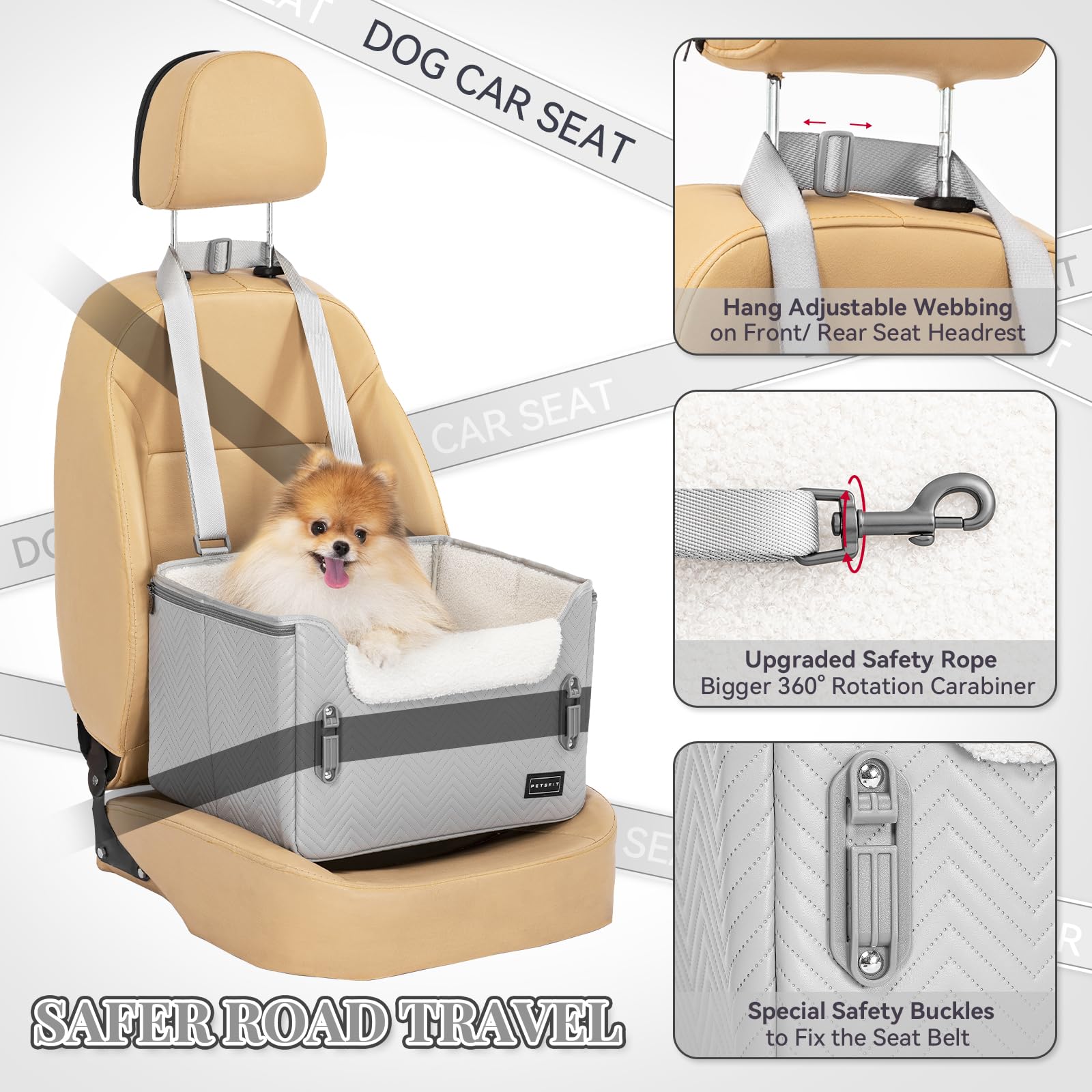Siège Auto Pour Chien/Chat PETSFIT - Panier Rehaussé 12.5cm Avec Boucles Sécurisées | Pour Pets ≤12kg