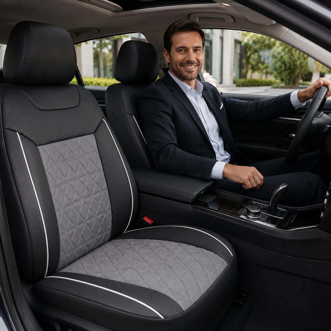 TOYOUN Housse Siege Voiture Universel Avant Tissu et Similicuir Doux Gris | Compatible airbags,Anti-usure anti-rayures protection sièges,Tissu perforé respirant,Dos antidérapant à picots