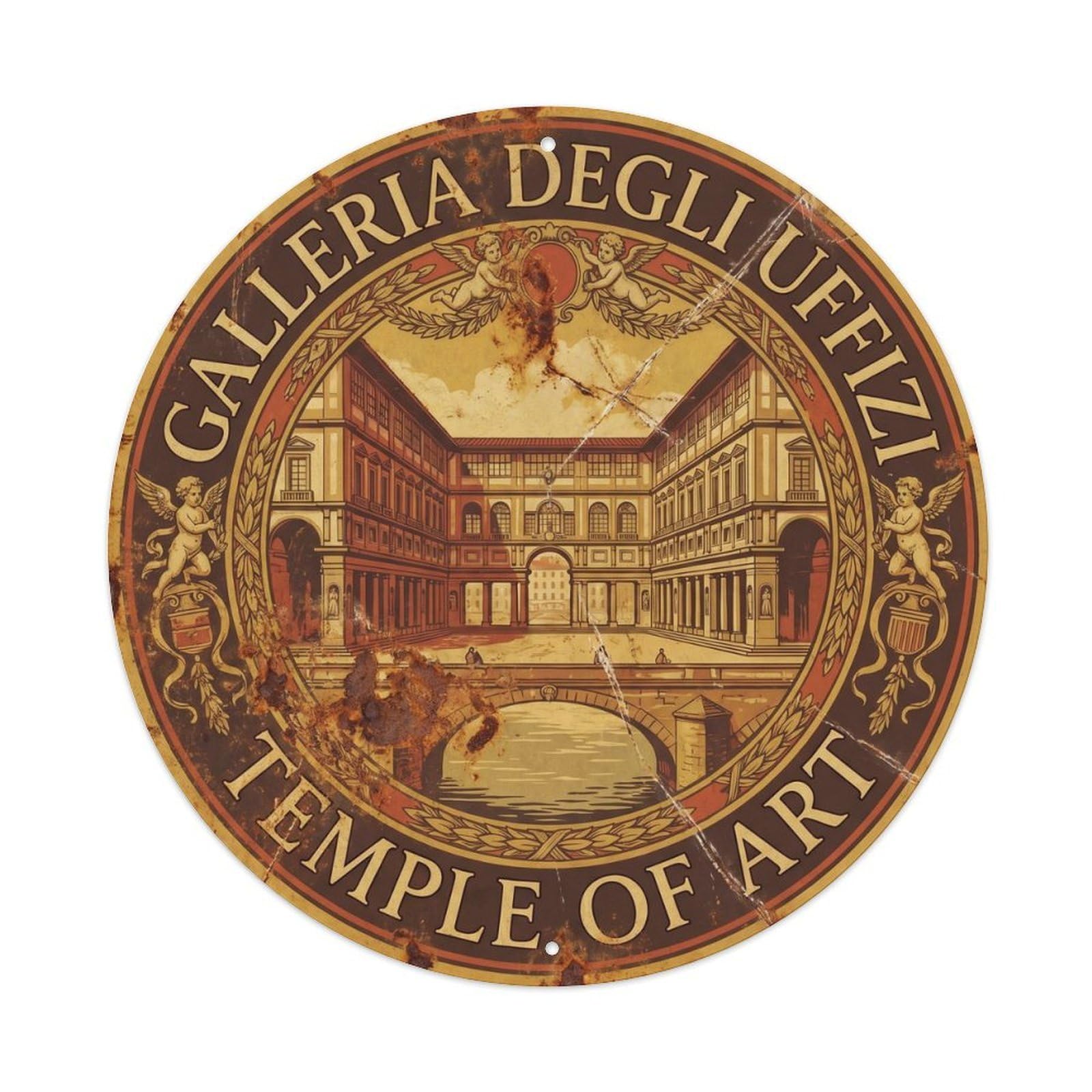 Vintage Travel Florence Uffizi Gallery Metal Tin Sign Plaque Wall Decor for Cafe, Club, Garden Round Metal Poster 8x8Inch