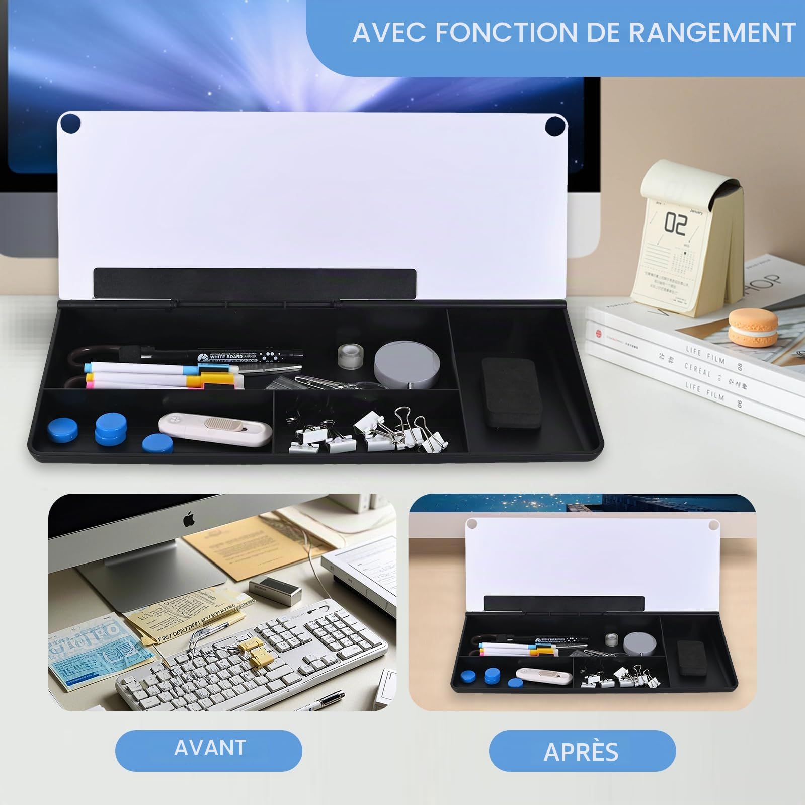 Hivexagon Tableau blanc de bureau avec 4 compartiments pour téléphone et tablette + mini tableau blanc magnétique supplémentaire et accessoires, parfait pour les mémos et listes de choses à faire