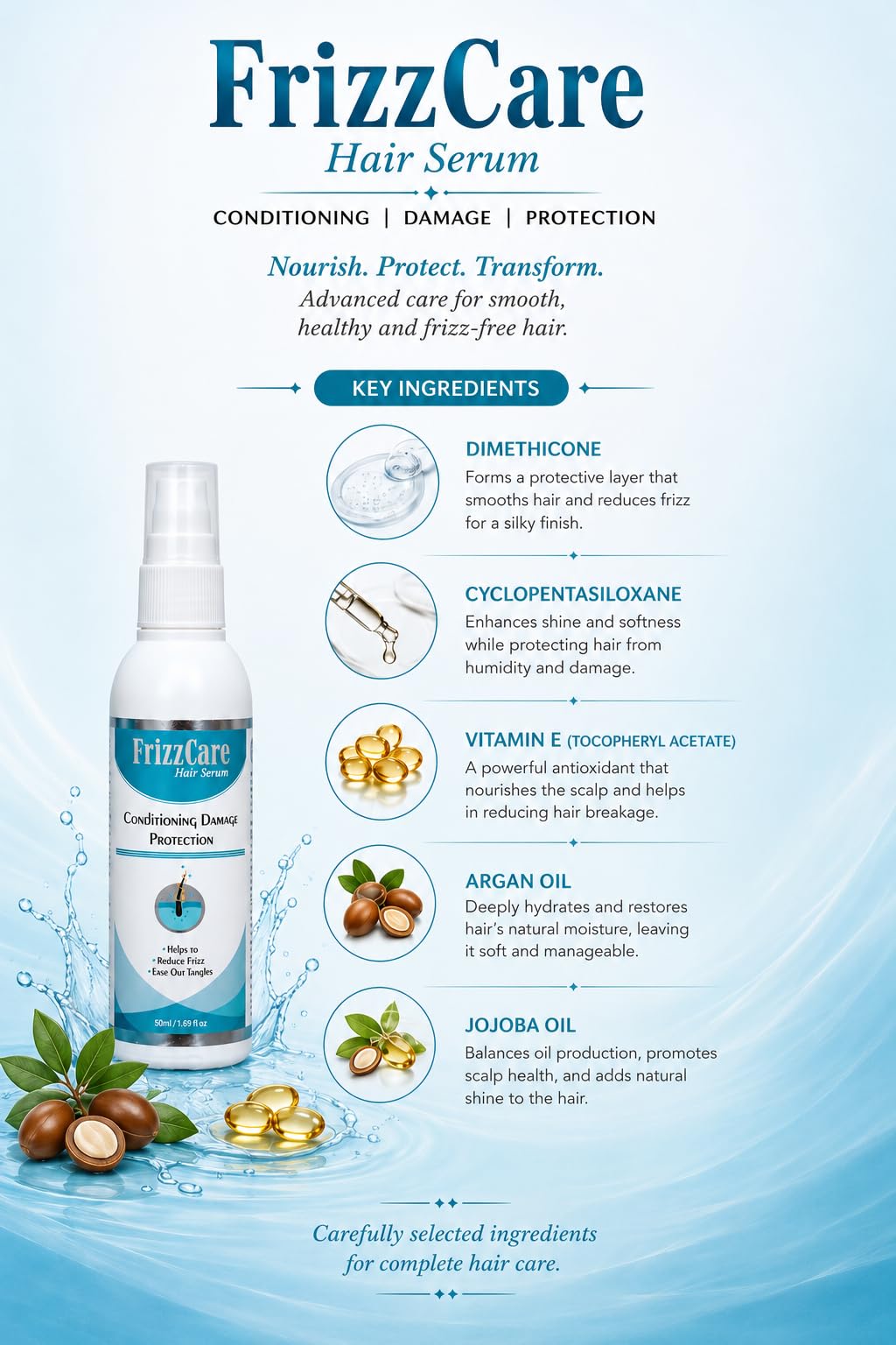 Frizzcare Hair Serum/leave in serum/Reduces Frizz/Ease out tangle/damage protection/Unisex/All Seasons/50ml 1