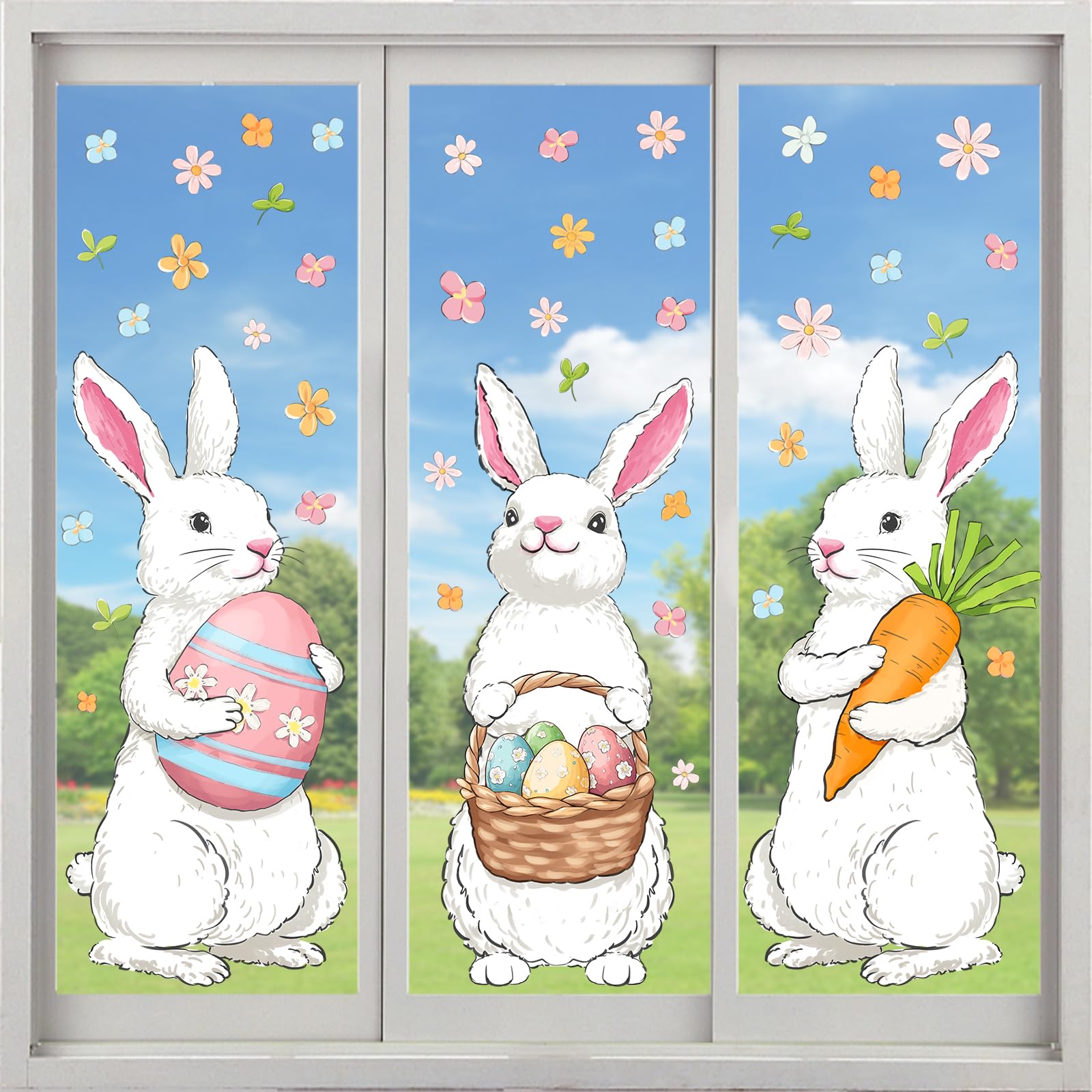 Farmhouse Easter Decorations Window Clings: Extra Large Easter Bunny Holding Eggs Carrot, Cute Rustic White Rabbits Spring Window Clings for Glass Windows, Kids Home Office Party Gifts, 6 Sheets