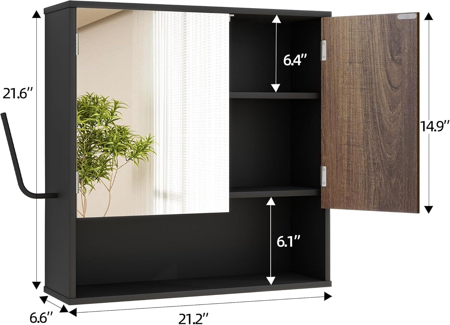 Bathroom Wall Cabinet With Mirror,wall mounted bathroom cabinet,Medicine Cabinet with 2 Door ,Side Hook,Light and Adjustable Shelves,Black Cabinet with Wood Grain,Over The Toilet Space Saver Cabinet.