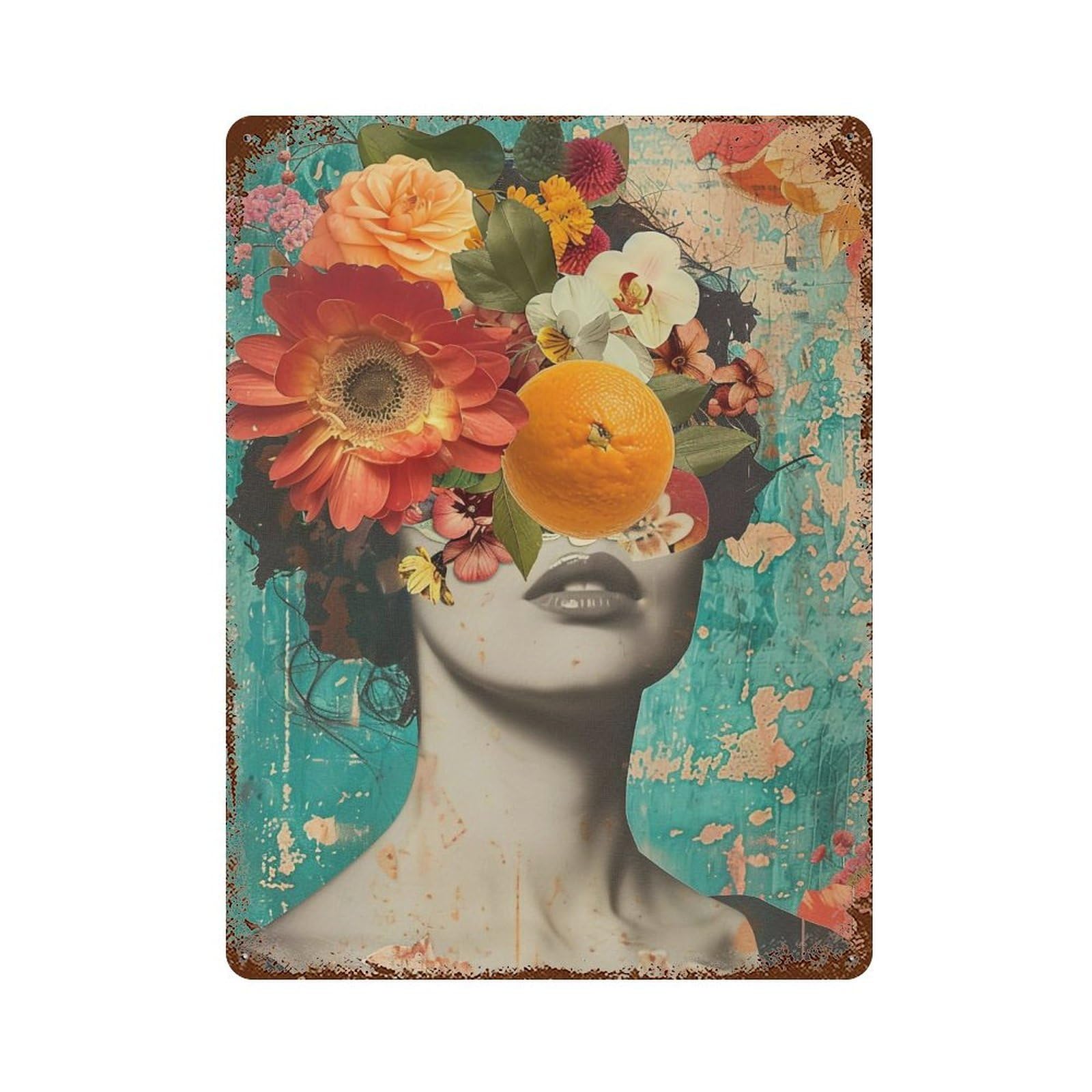YHGERTKU Surreal Floral Collage Woman Portrait 04 Wall Art Retro Iron Vintage Metal Tin Sign Poster Modern Decor for Living Rooms Gift 40x30cm